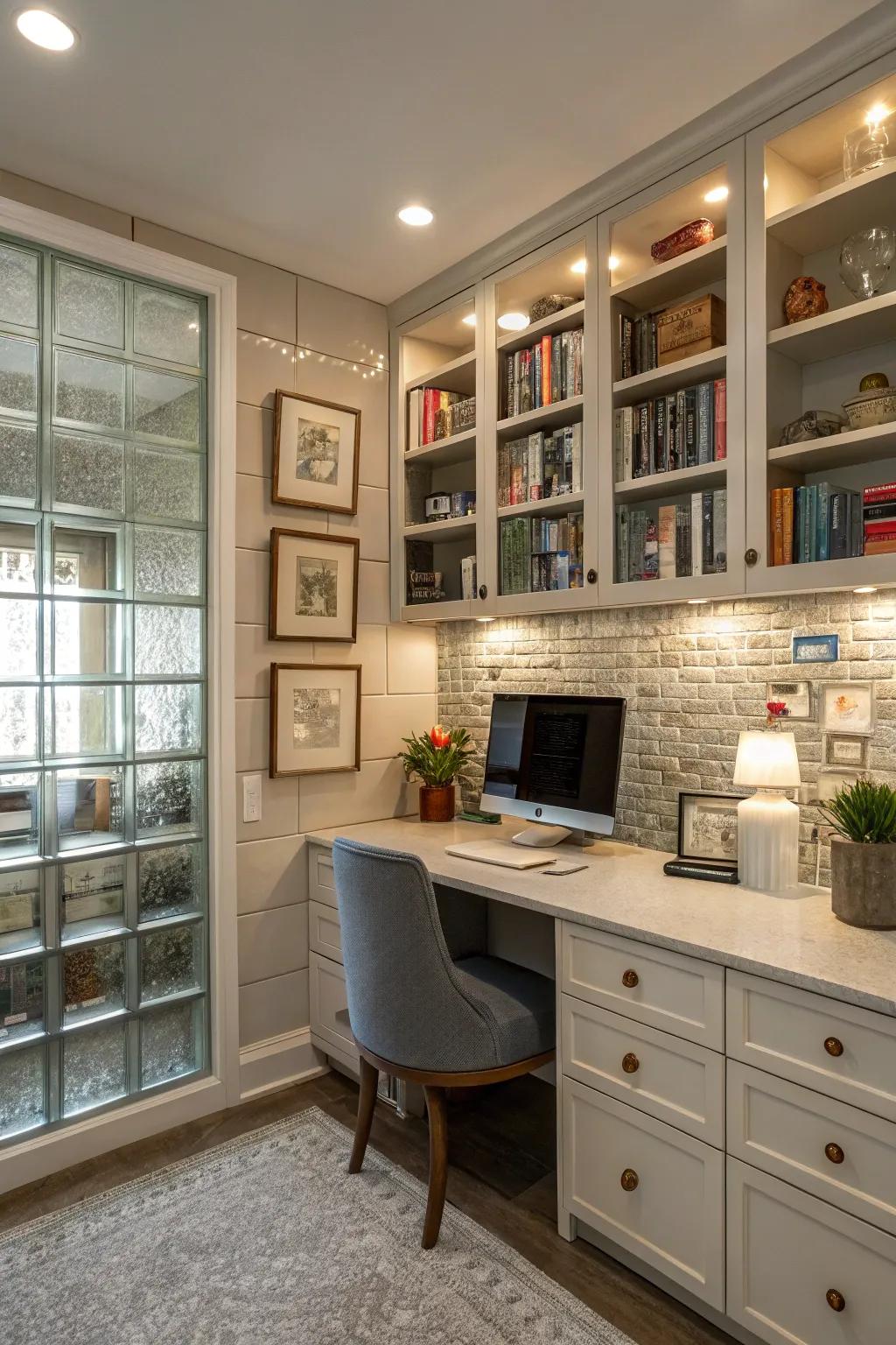 Glass tiles within shelf alcoves infuse style and amplify light exquisitely.
