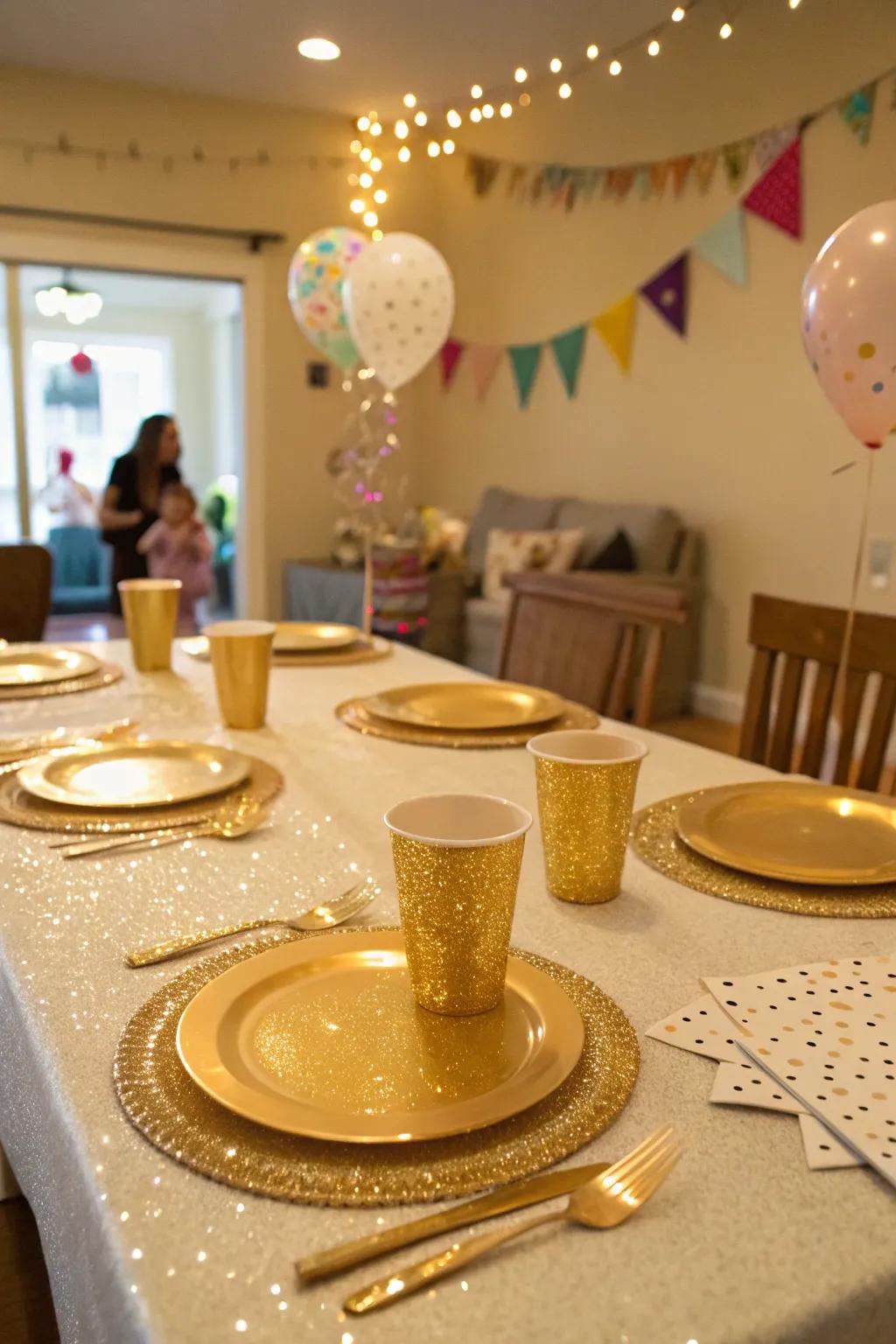 Gleaming tableware collection contributing to a unified party style.