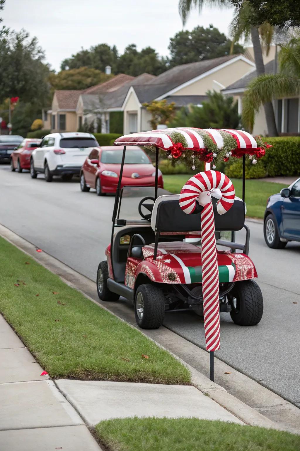 A golf cart that commands attention with its candy cane theme.