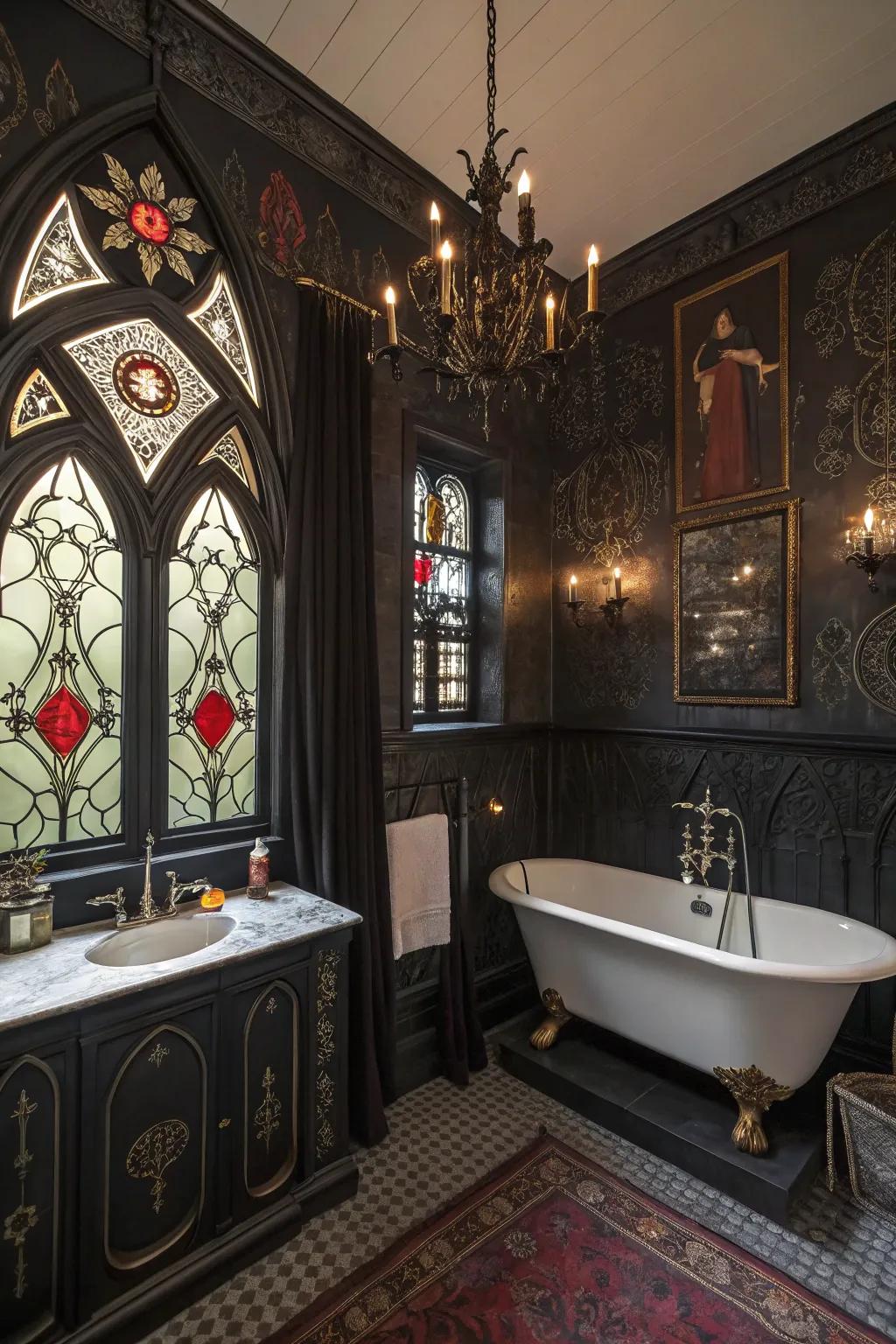 Ample decoration elements instill individuality and magnitude to this gothic bathroom.