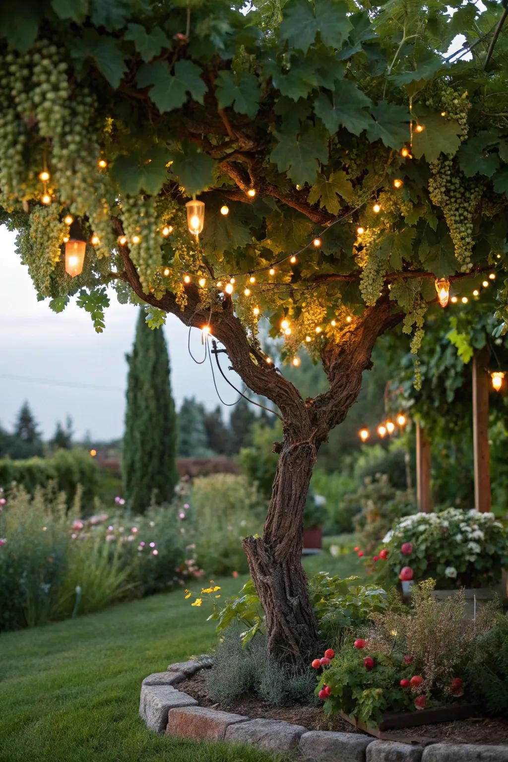 An exterior grapevine tree embellished with pixie lights, yielding a garden haven.
