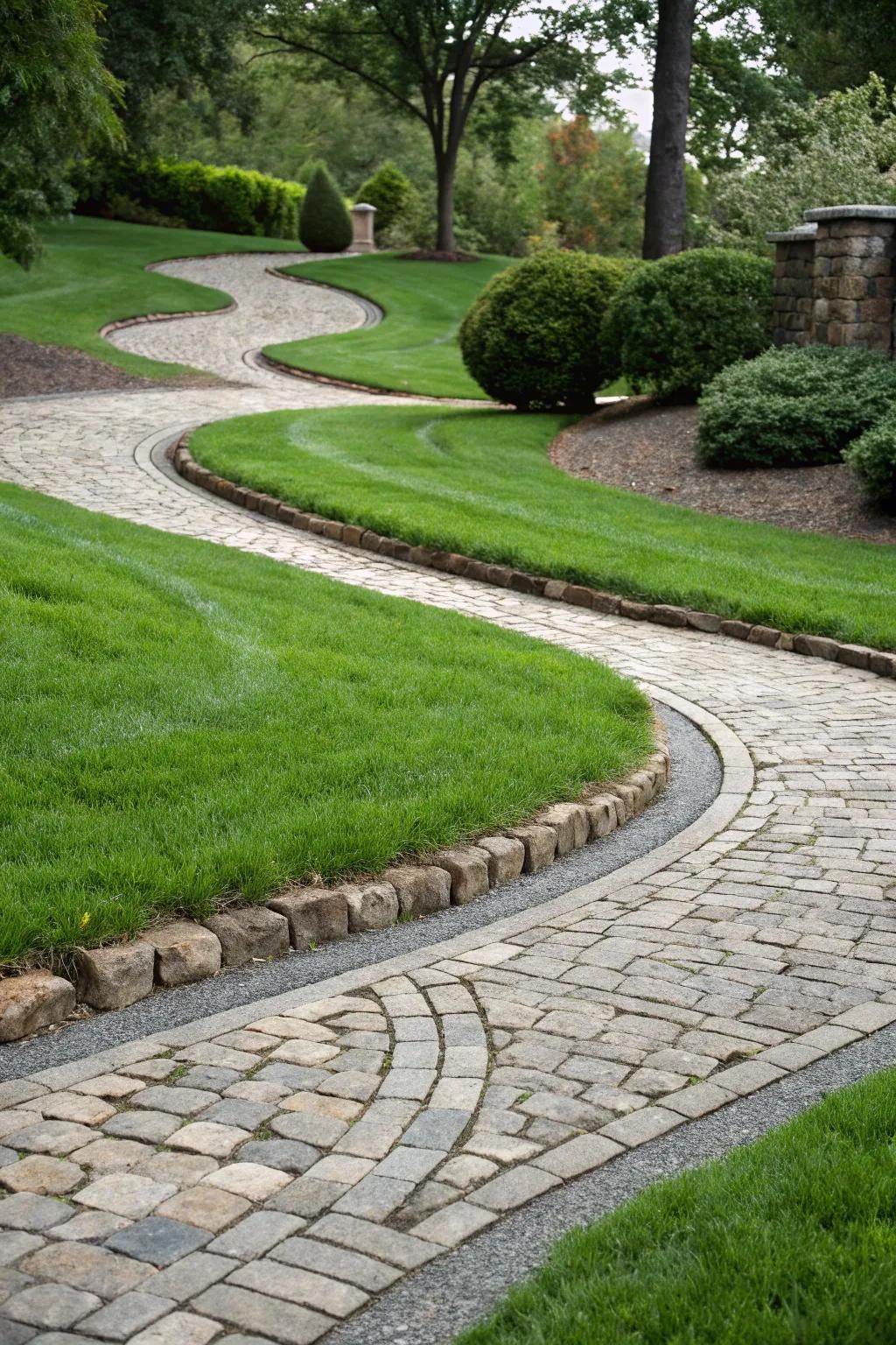 Curvilinear turf passages lend a whimsical touch to the driveway.