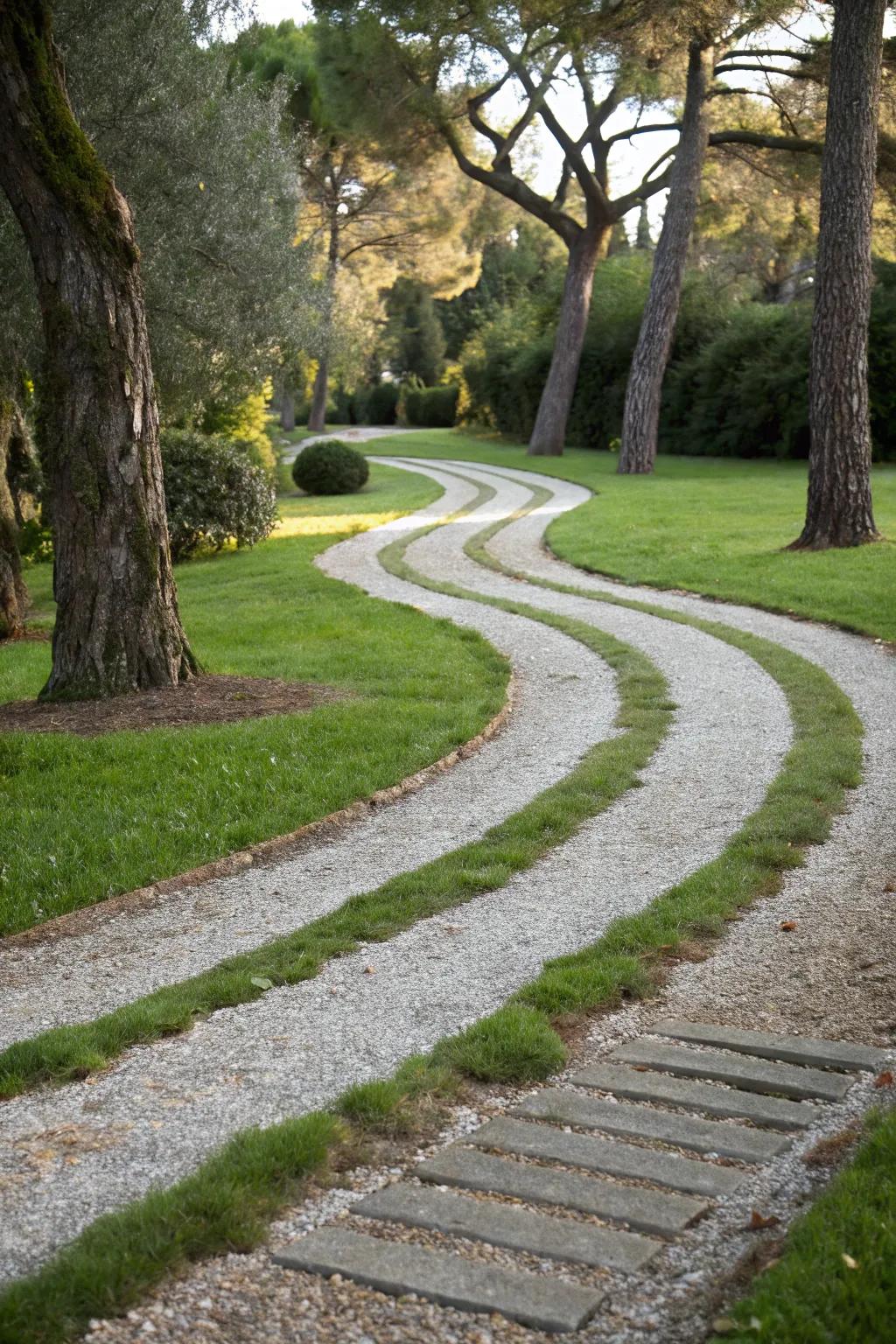 Turf strips bestow a revitalizing and lush element to this gravel driveway.