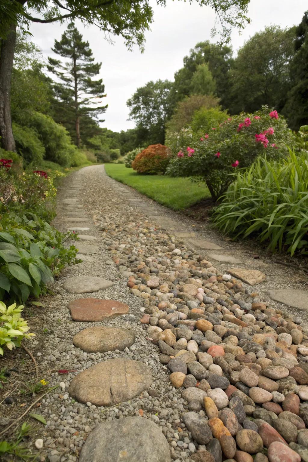 A rustic gravel path showcasing diverse textures and shades