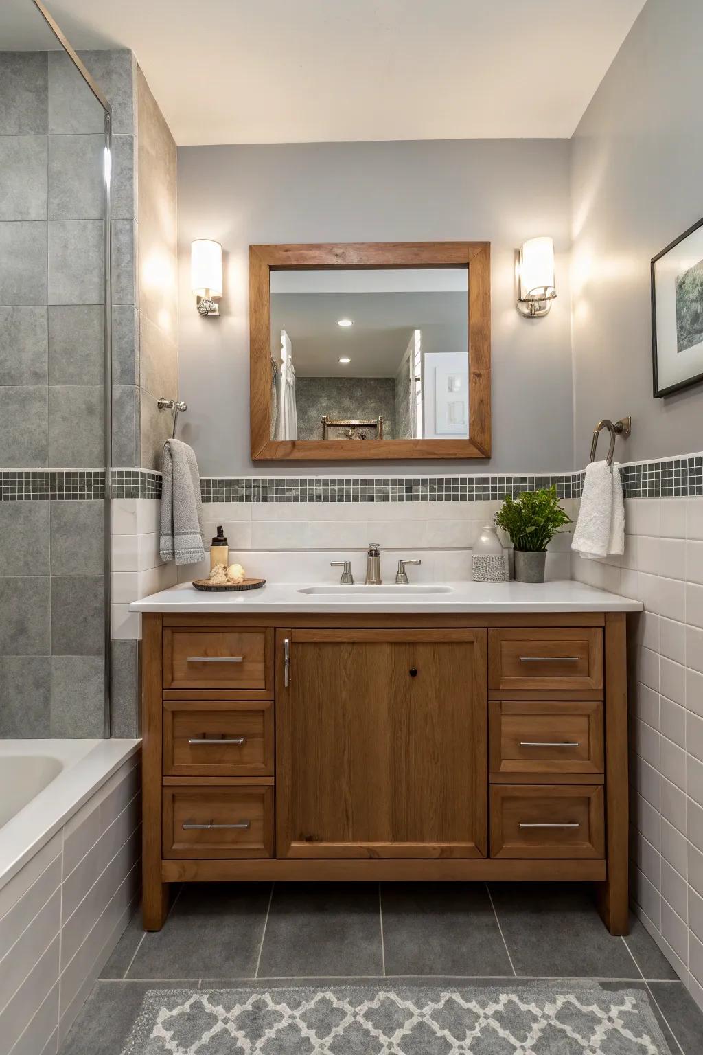 Timber features infuse warmth to this ash and ivory lavatory.