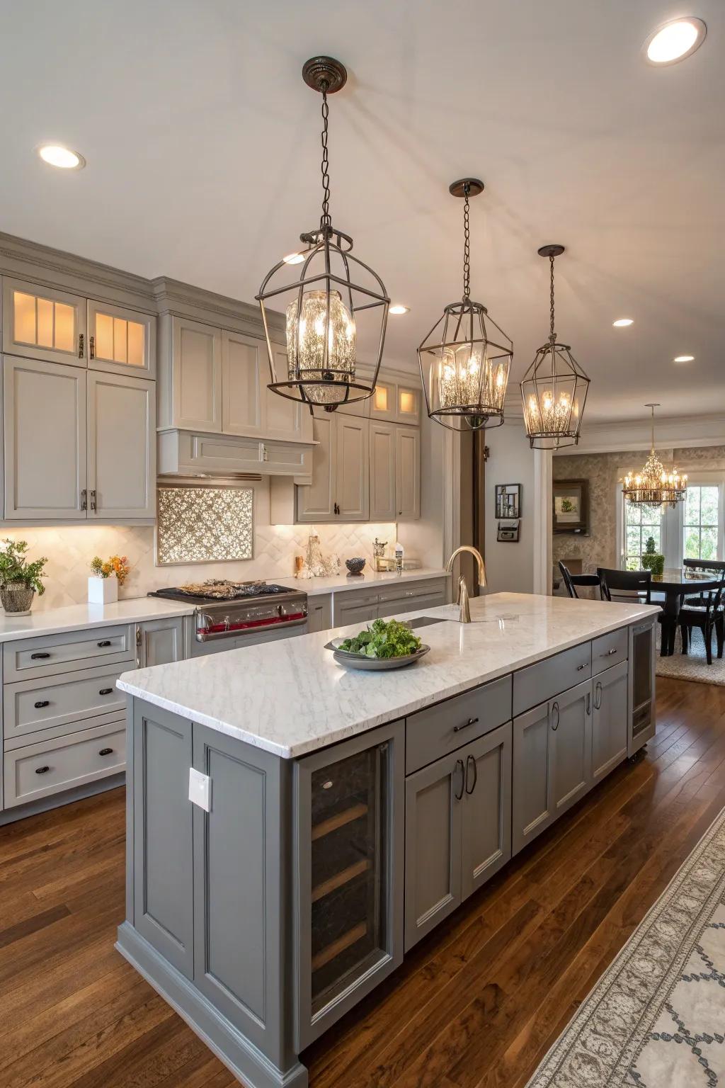 Strategic lighting accentuates the sleek design of gray cabinets.