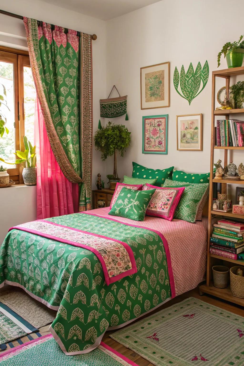 Eclectic designs in verdant and roseate infuse a spirited charm into your area.