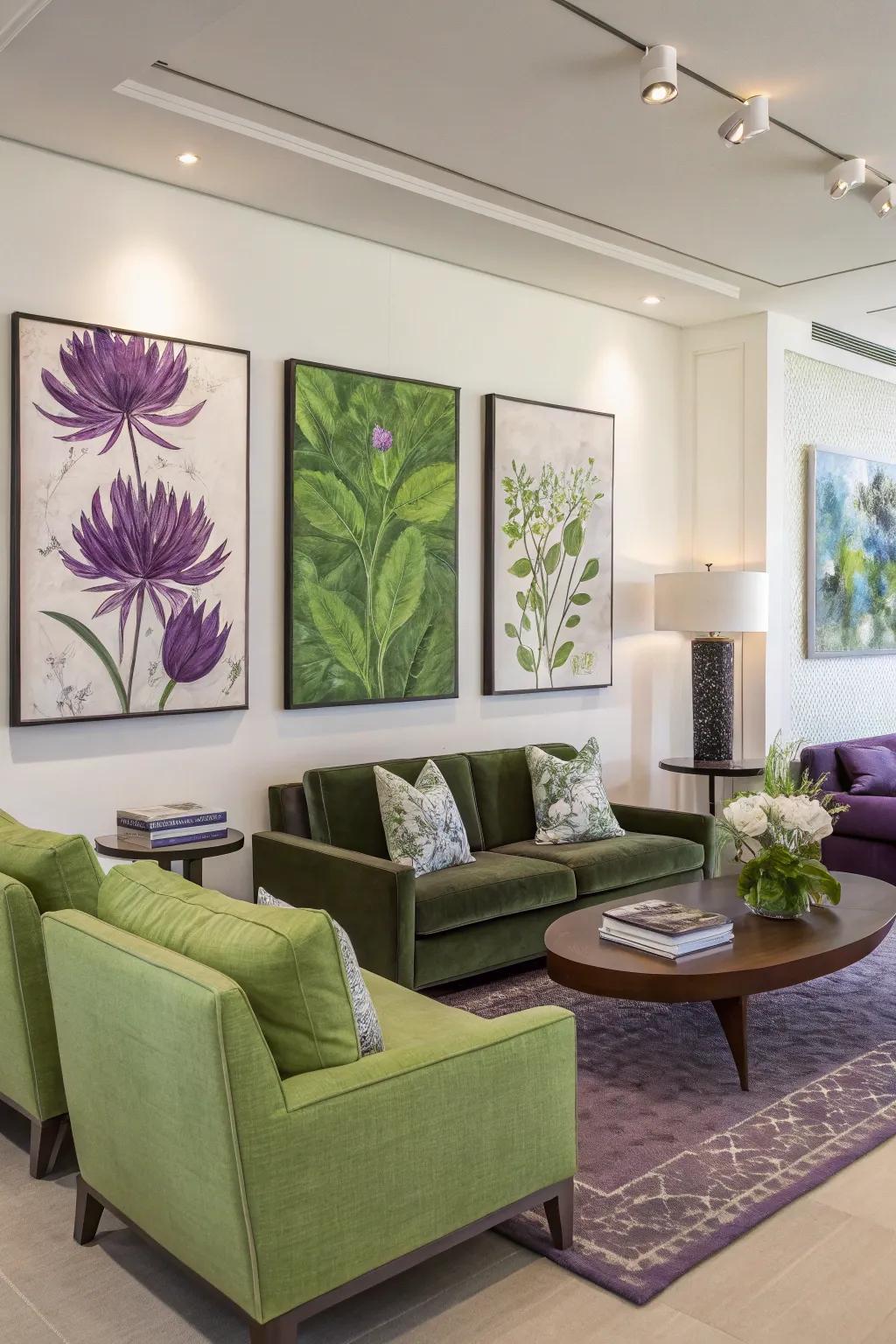 Artistic pieces injecting panache into a green and purple living space.