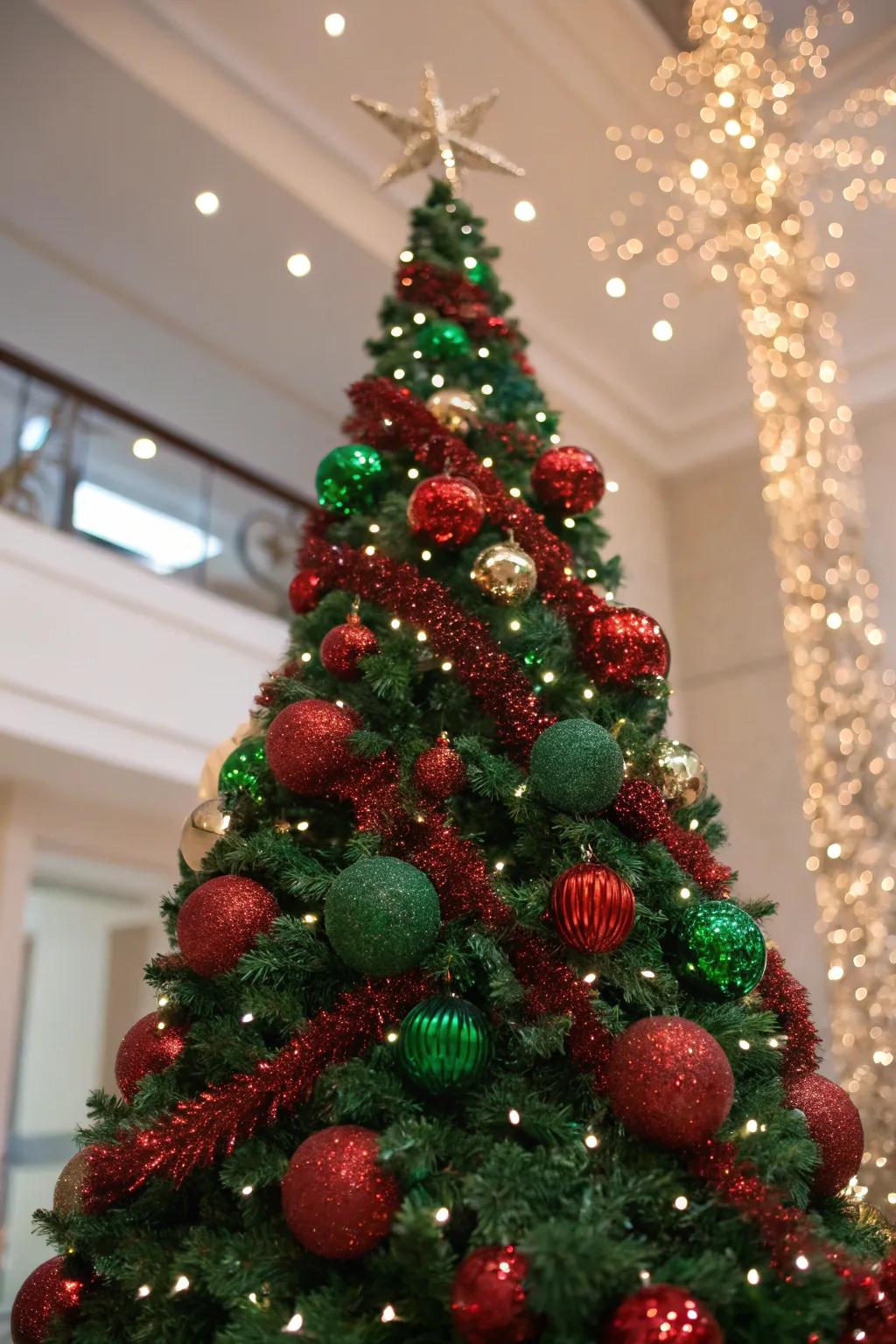 A radiant Christmas tree adorned with crimson and emerald paillette decorations.