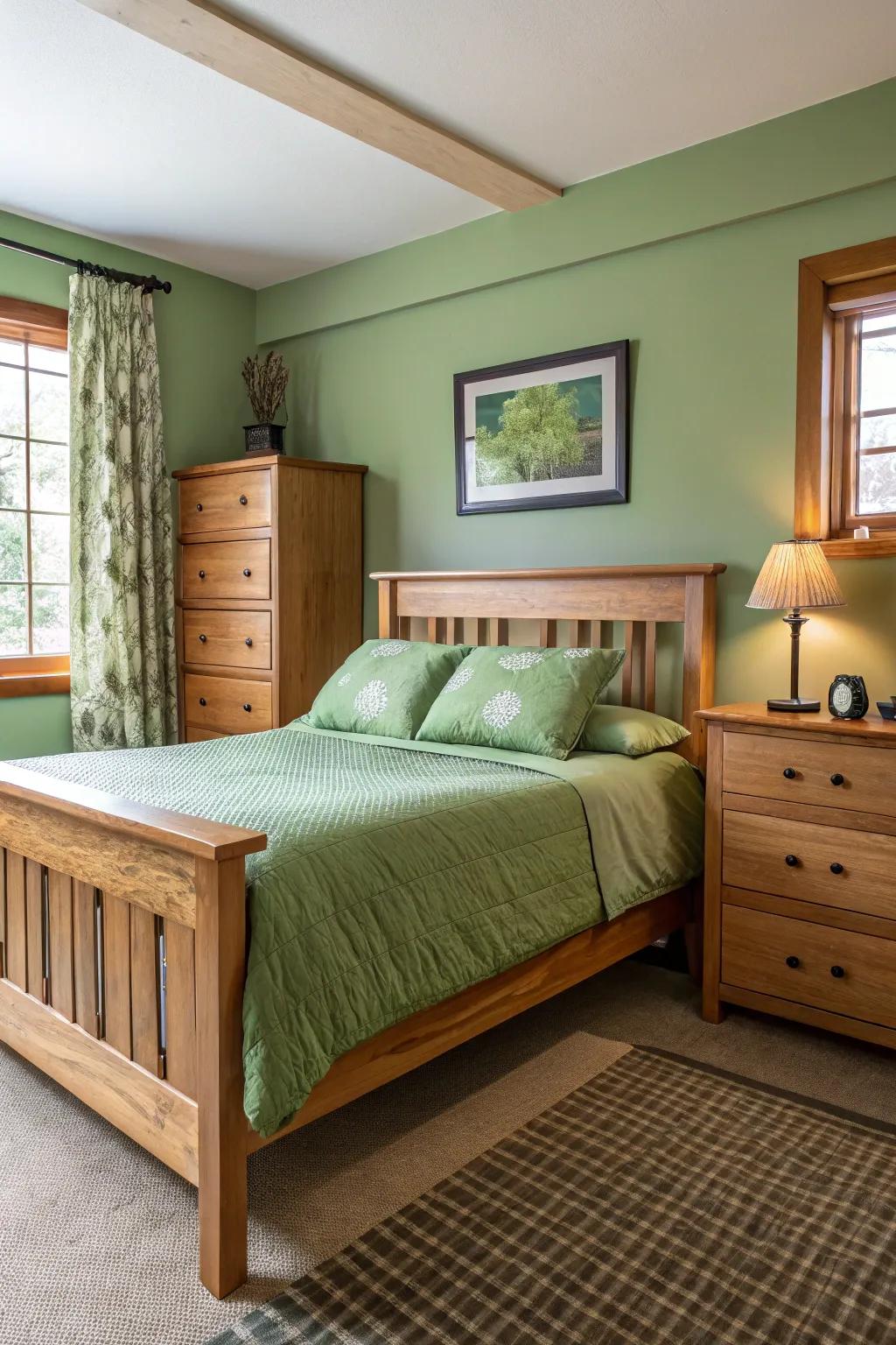 Natural wood accents provide a beautiful complement to green tones.