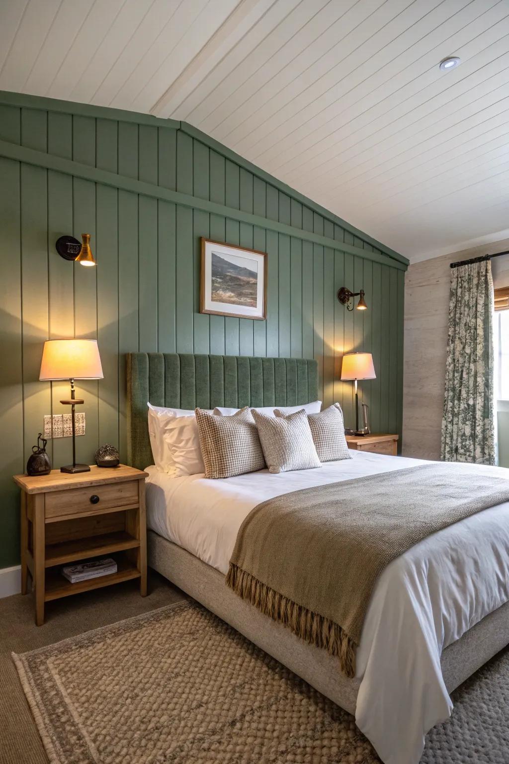 A sophisticated bedchamber showcasing a textured highlight partition.