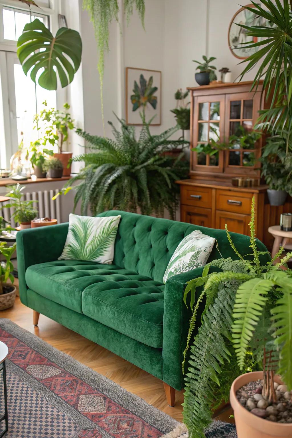 A vibrant lounge featuring a green velvet couch and abundant indoor flora.