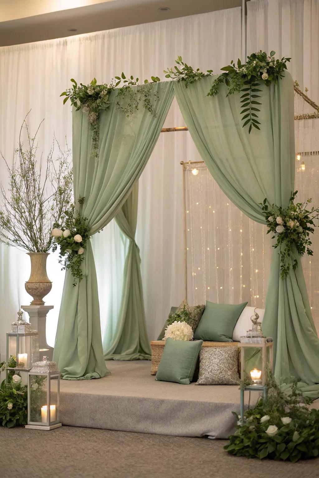 Soft green elements adding elegance to the ceremony decor.