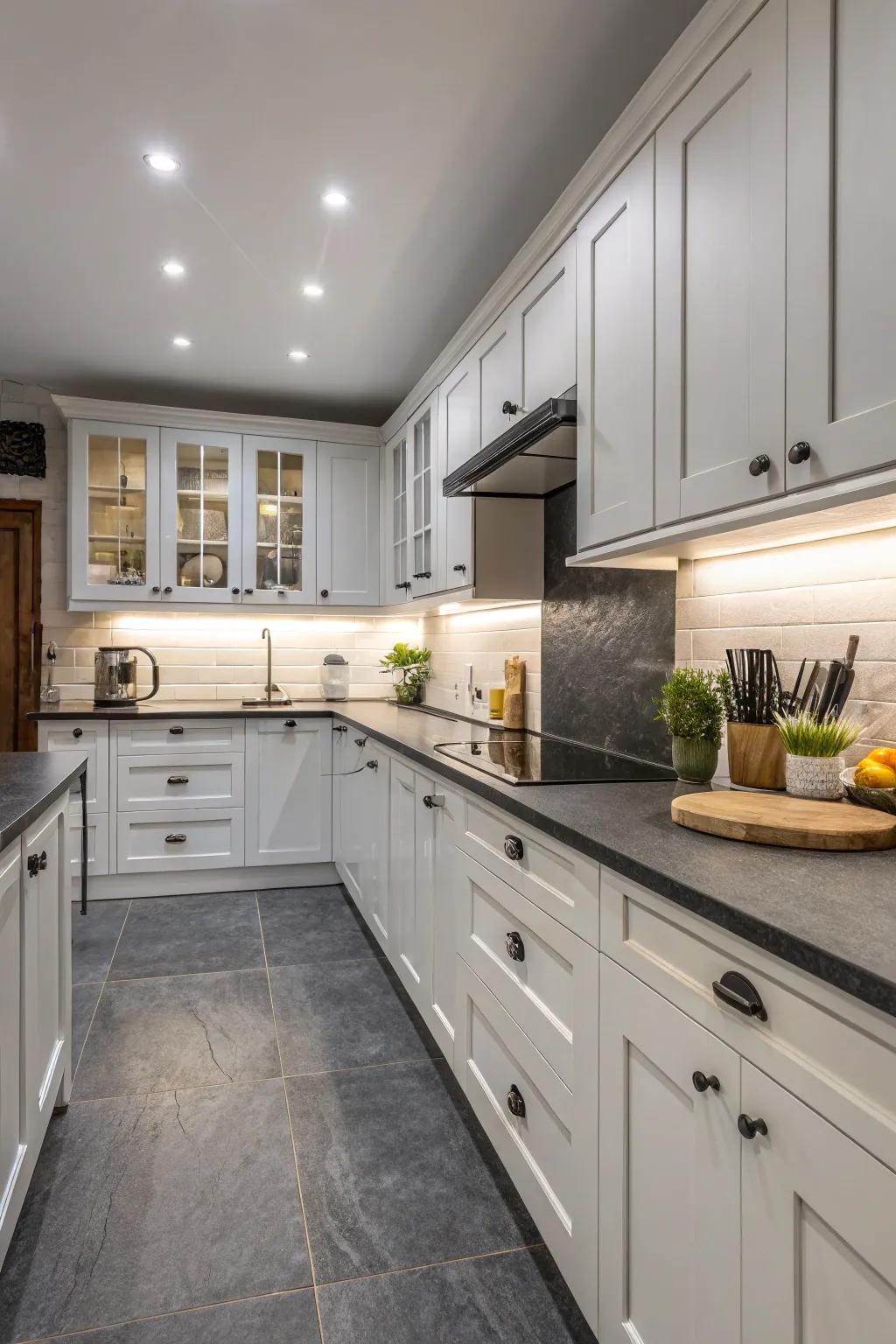 Contrasting worktops highlighted in a chic kitchen design