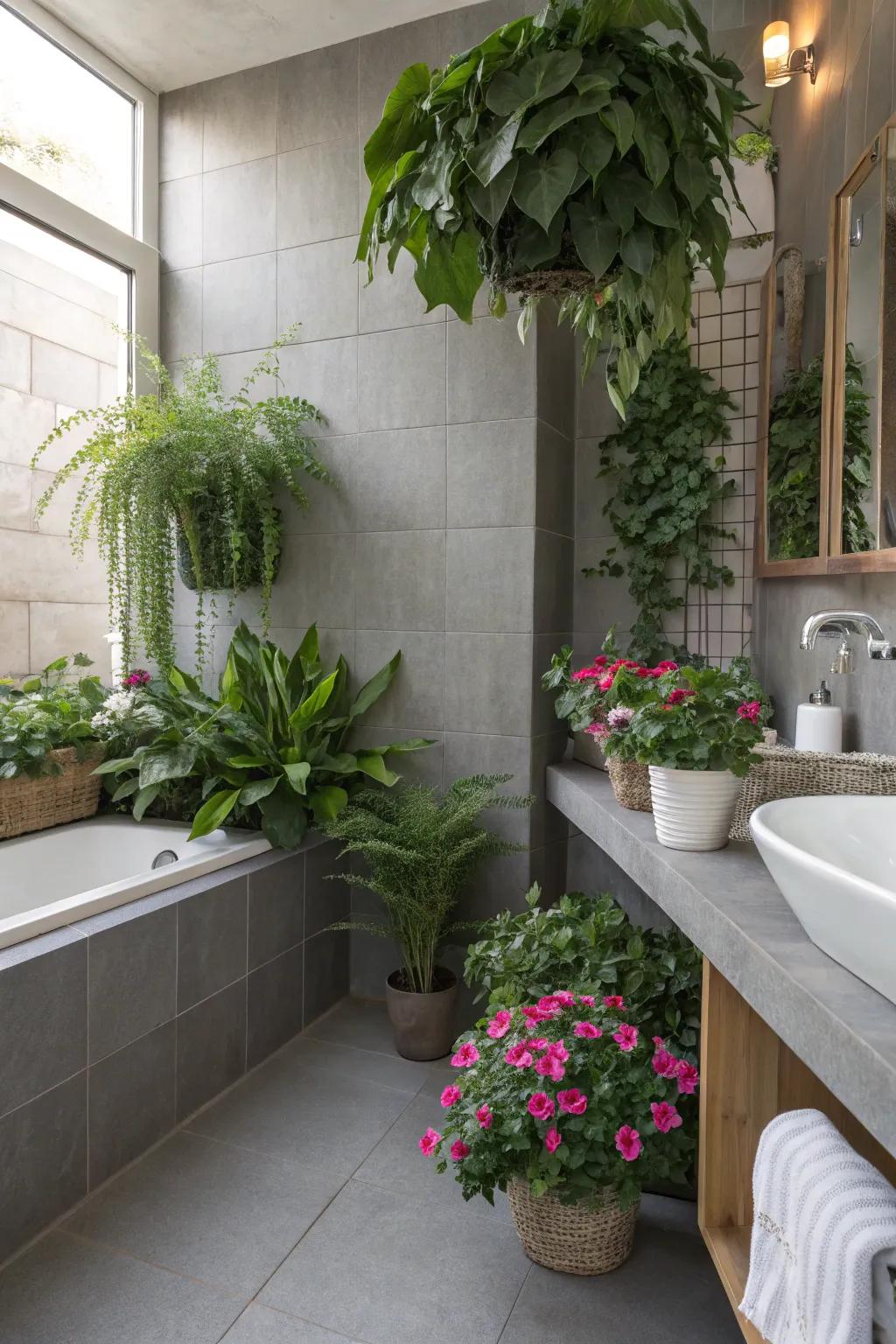 Abundant greenery breathes life and energy into the grey bathroom.