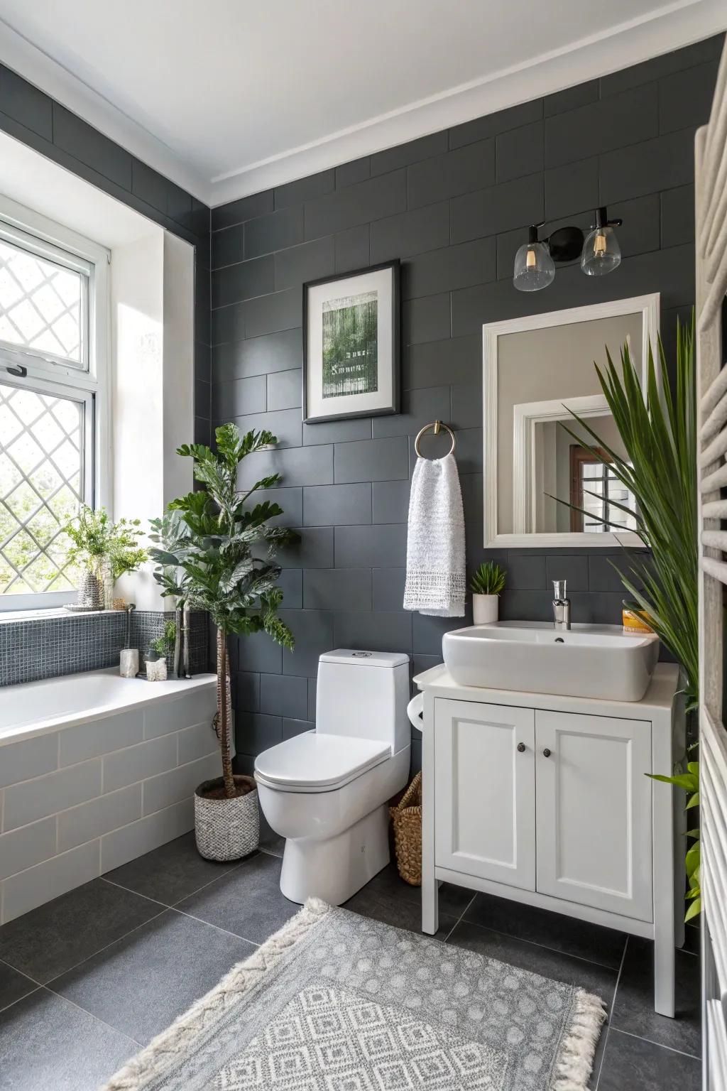 Profound slate grey partitions radiate opulence and polish within this modern lavatory.