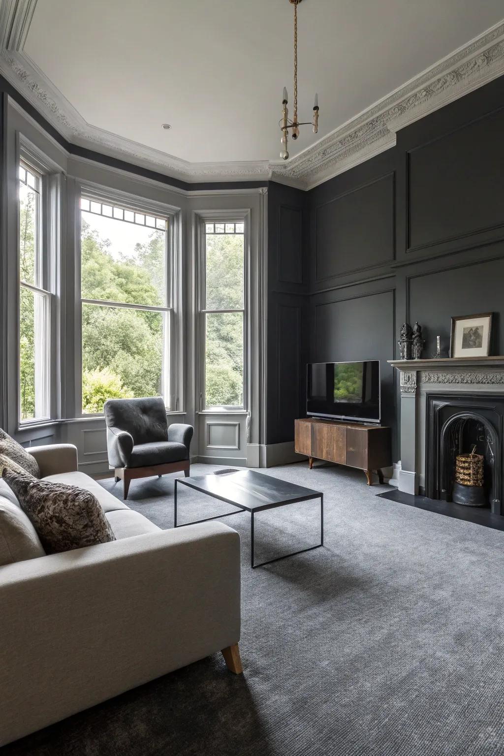 Graphite walls imbue drama and magnitude to areas featuring grey carpet.