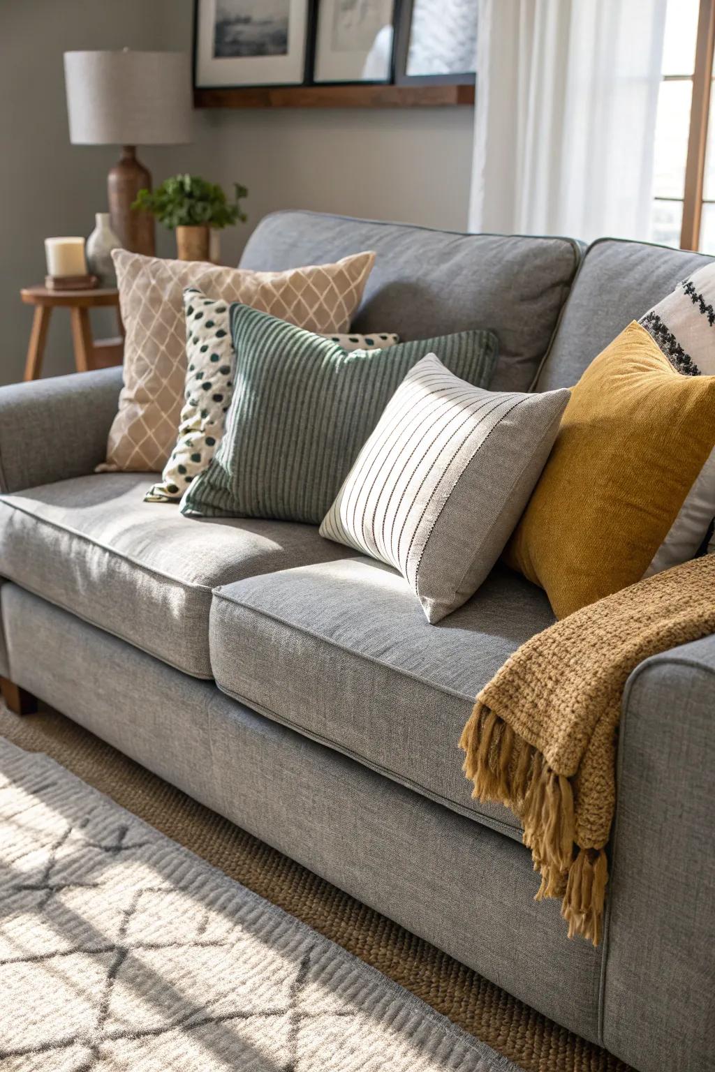 Layering cushions of varying dimensions crafts a visually captivating arrangement.