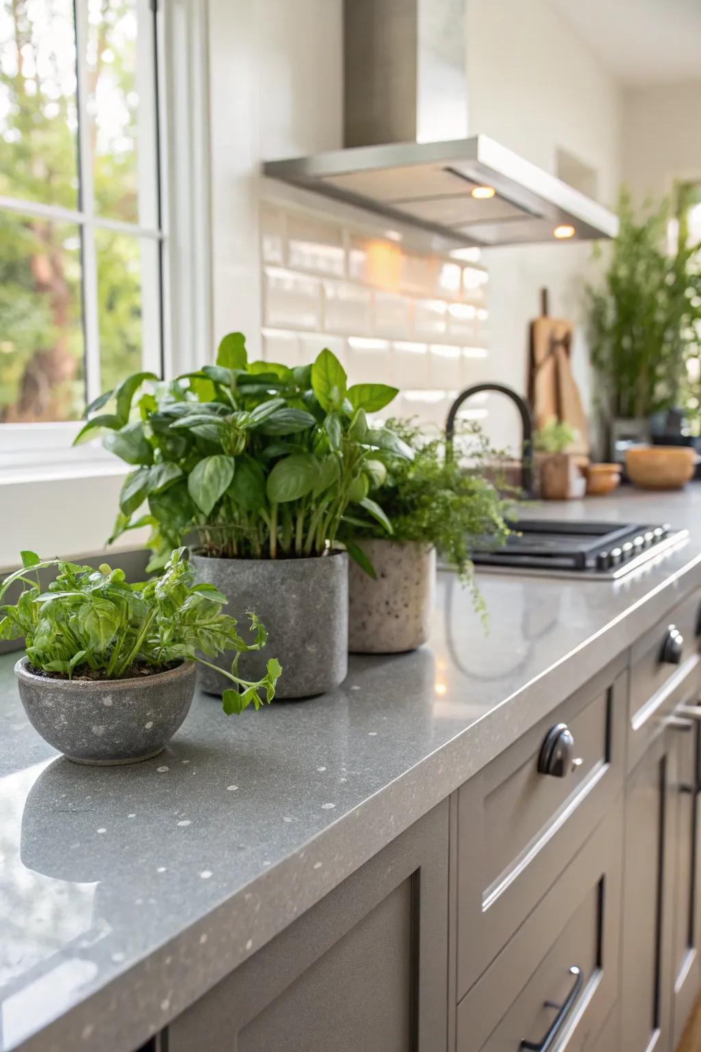 Eco-friendly kitchen adorned with grey repurposed vitrics countertops.