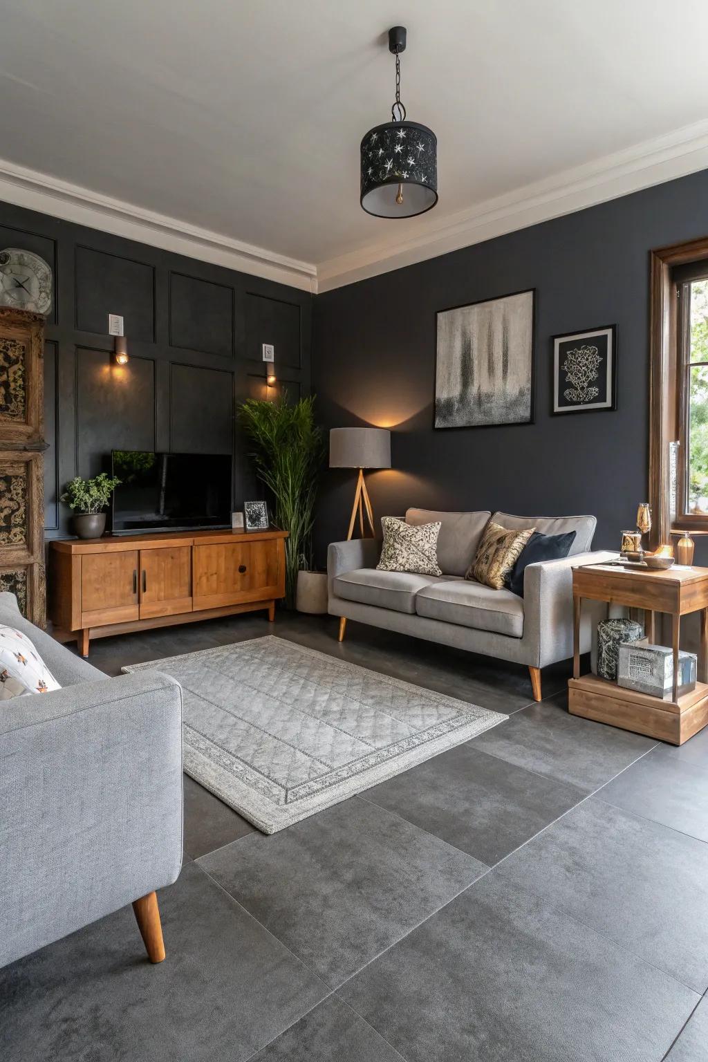 Contrast accentuates the beauty of grey floors.