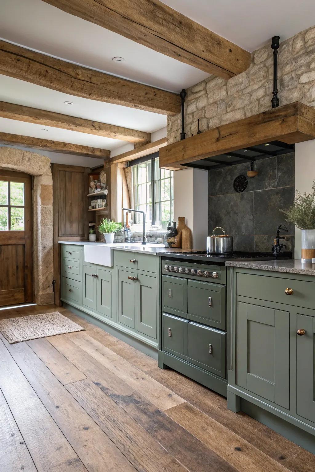 Rustic timber flooring complements the modern character of grey-green cabinets.