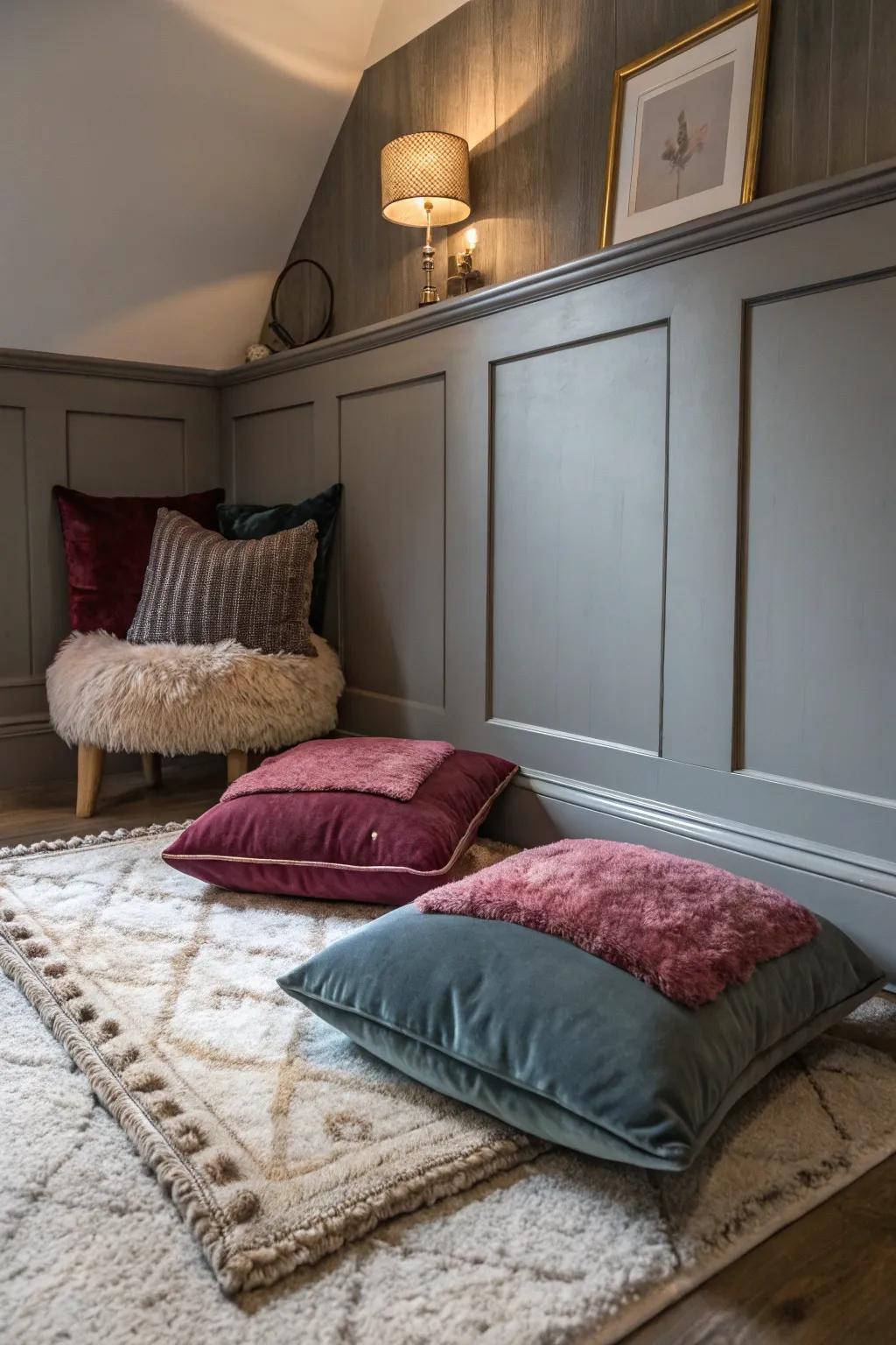 Velvet accents impart a luxurious element into this grey-themed space.