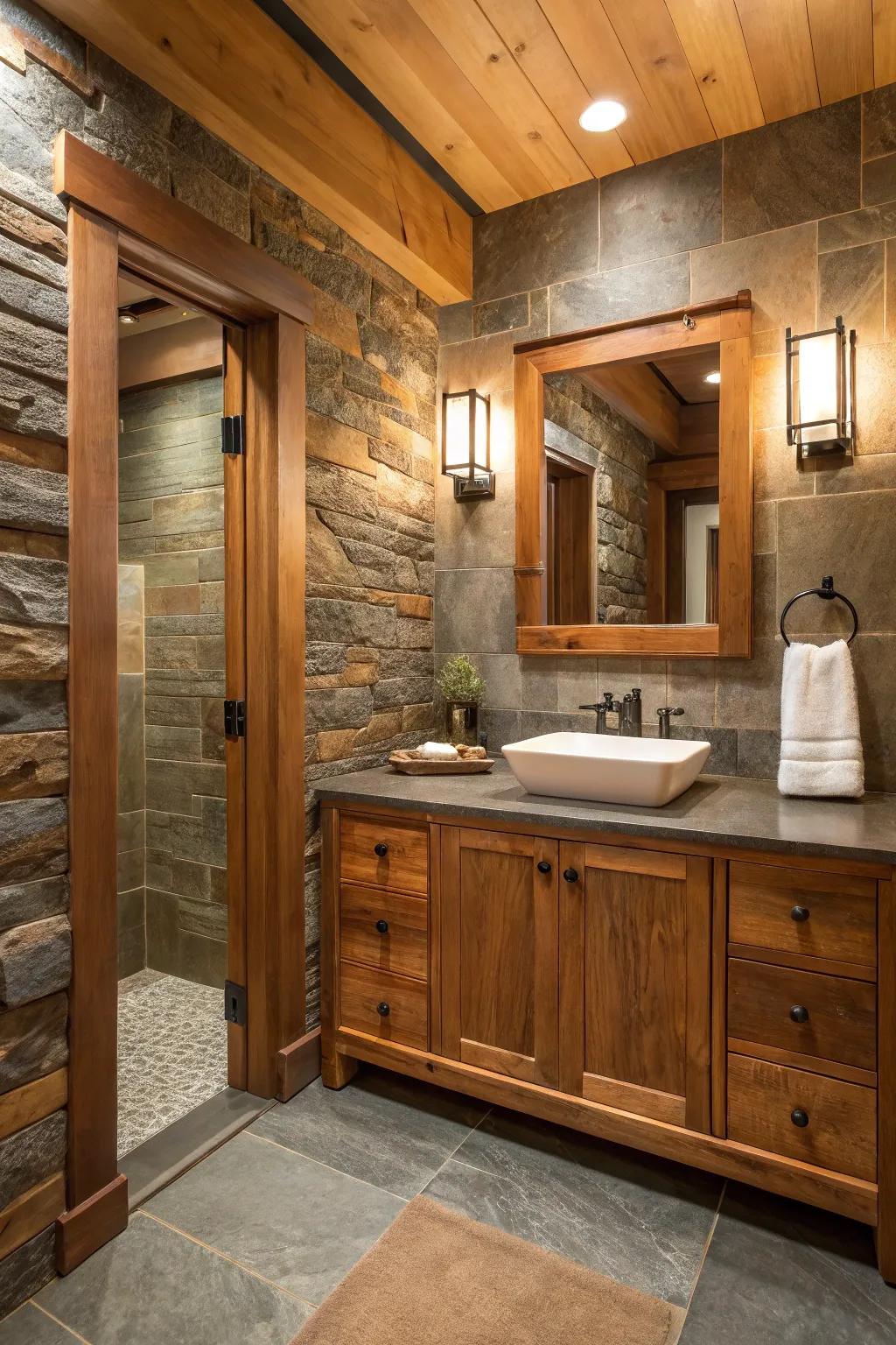 Textured components such as wood and stone bring warmth to this modern bathroom.
