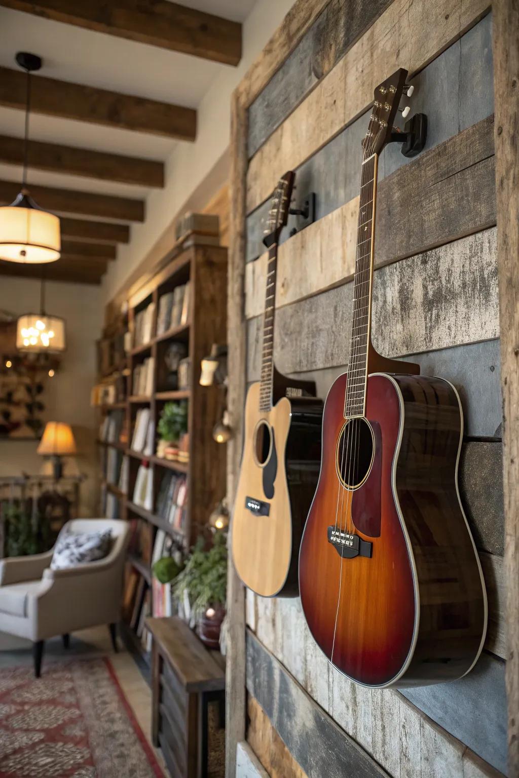 Guitars exhibited against a reclaimed wood backdrop for rustic appeal.