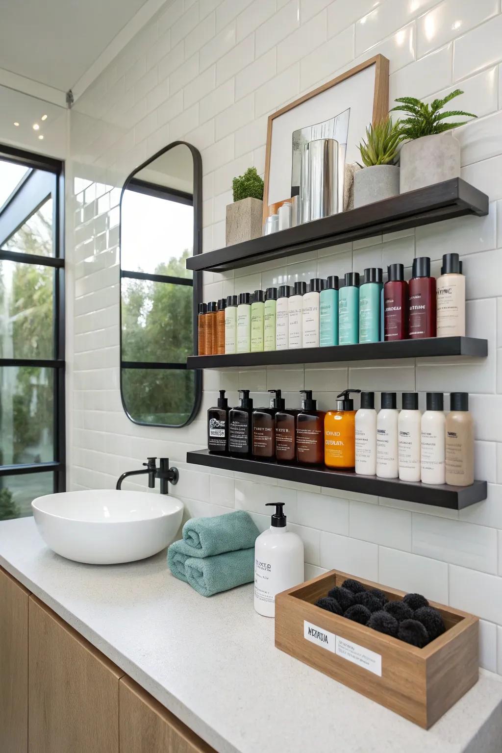 Transform wall space by using elegant shelves for your styling products.