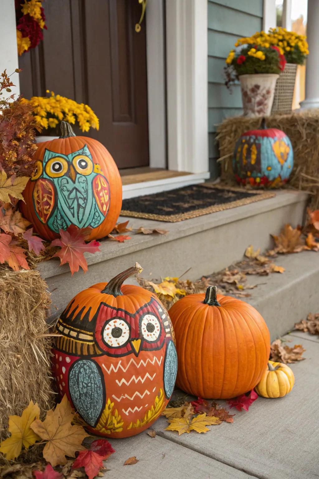 Gourds adorned with avian paintings impart an eccentric accent to autumnal decorations