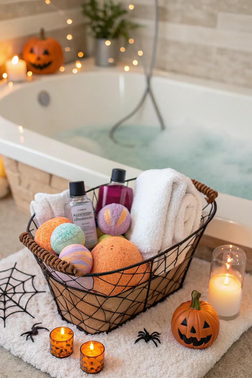 A spa-inspired basket for a restorative Halloween treat.