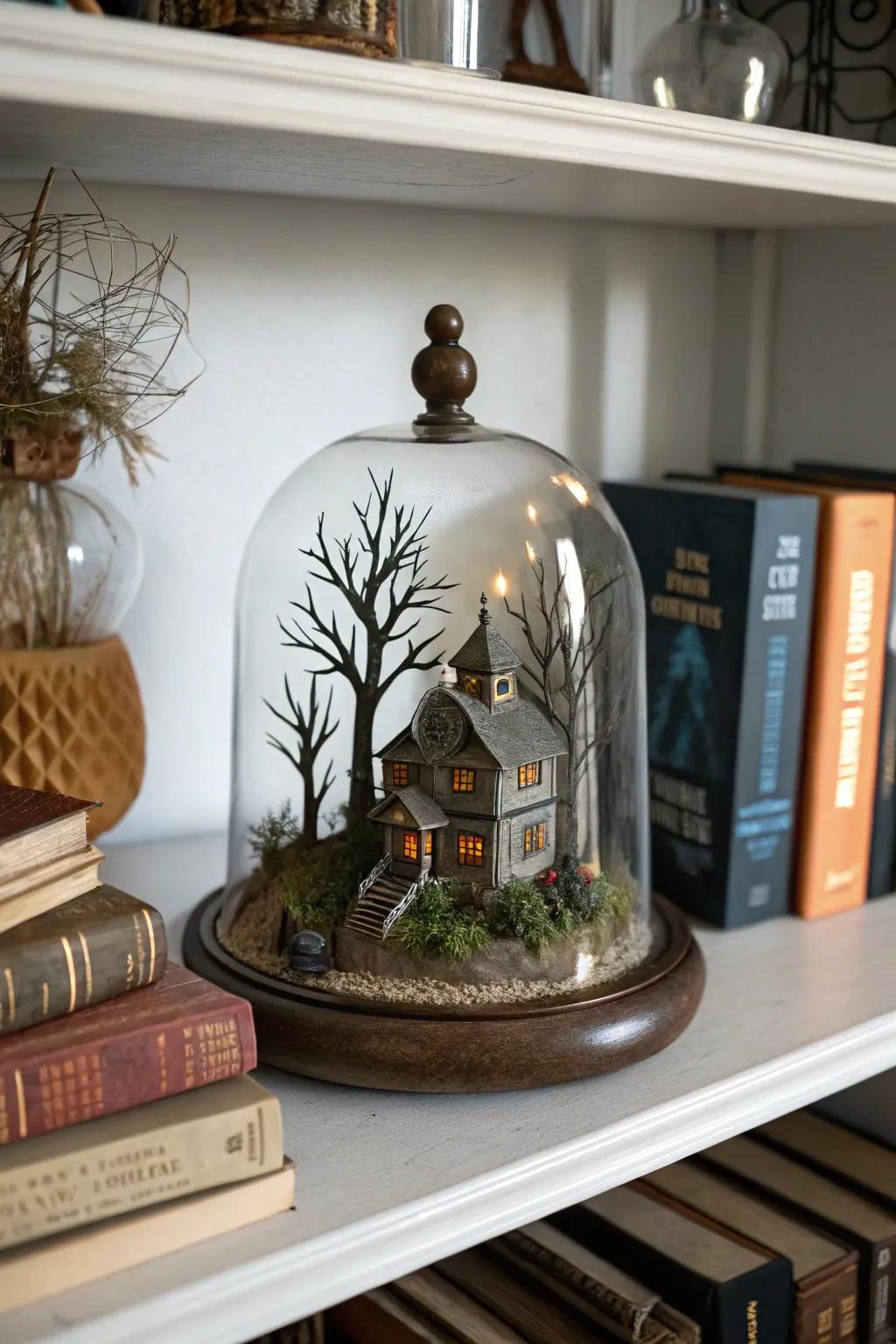 A cryptic haunted manor scene sheltered by a dome.