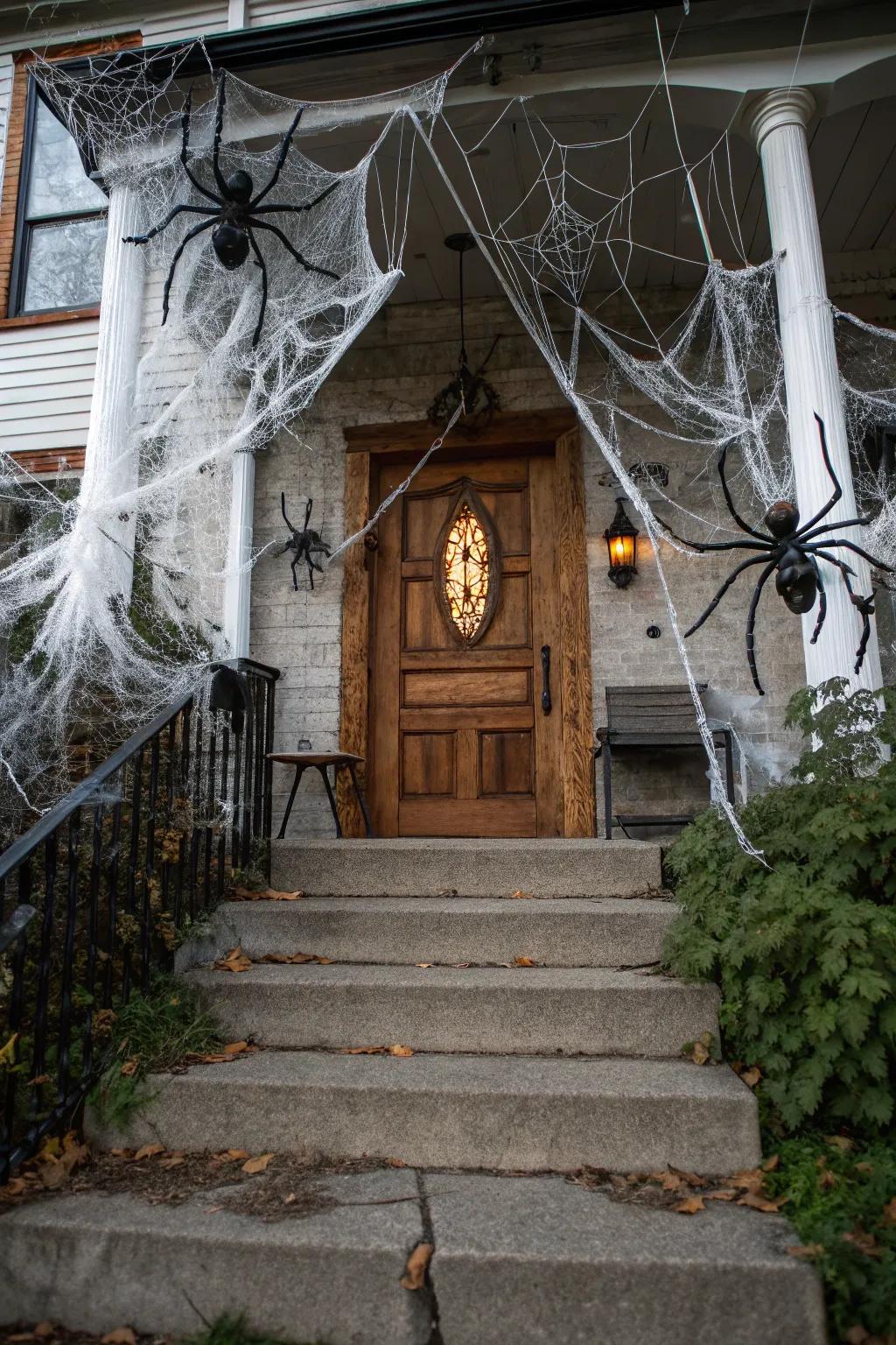 Thick arachnid webs amplify the haunted dwelling atmosphere.
