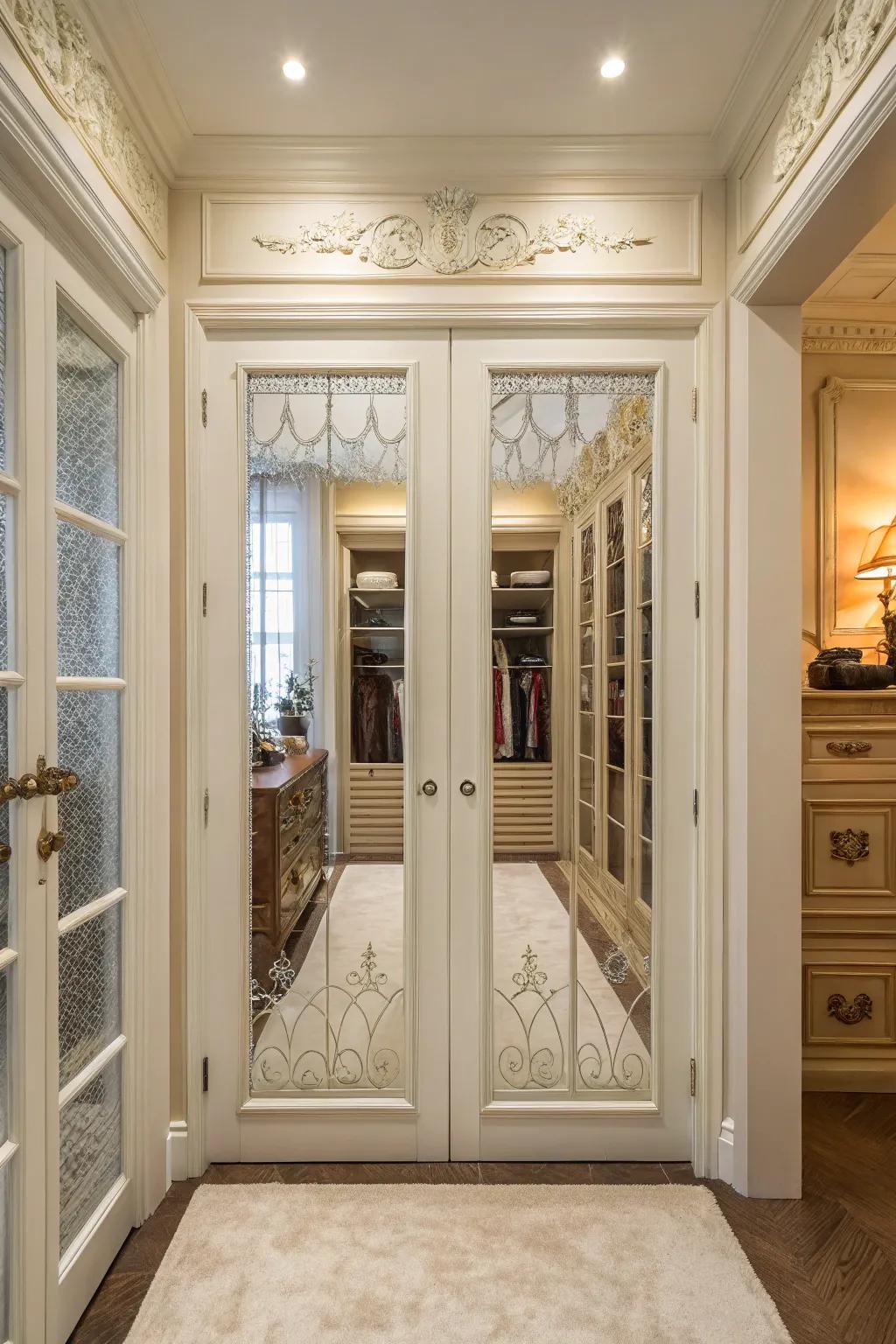 Present enduring sophistication with french-style closet doors.