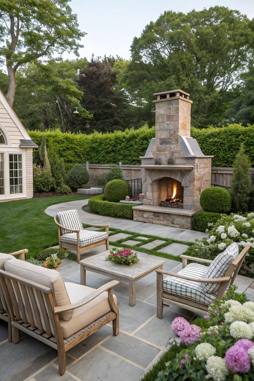A toasty fire feature cultivates a comfortable gathering area in your Hamptons-inspired backyard.