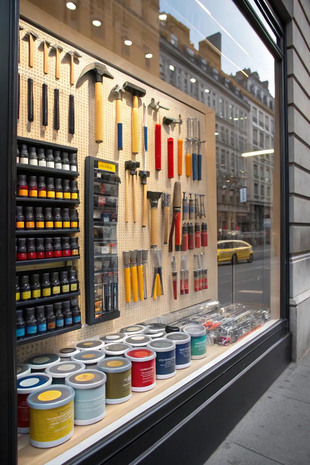 A striking window display presenting tools and imaginative arrangements.