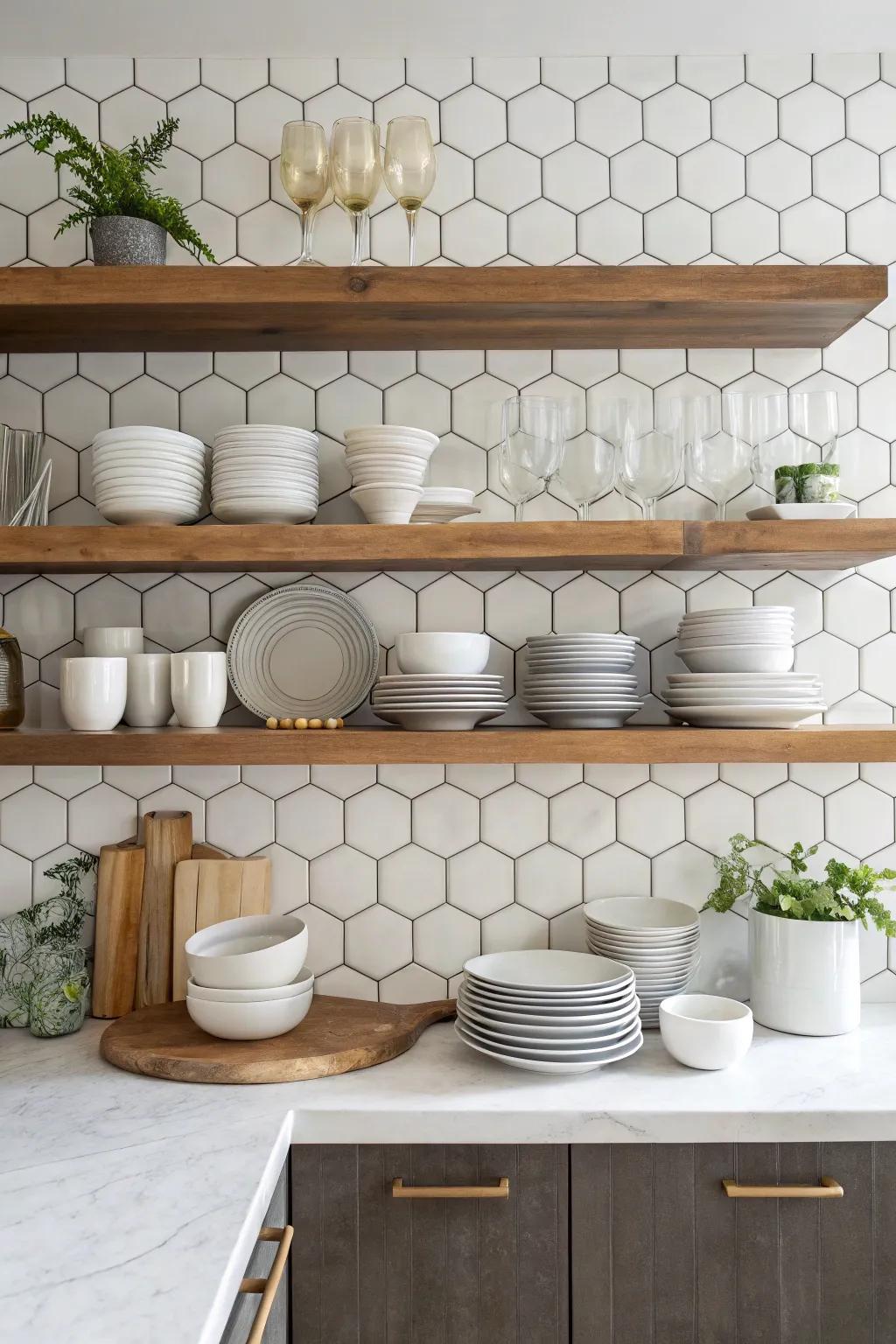 Exposed shelving set against hexagon tessellations culminates in a stunning kitchen display.