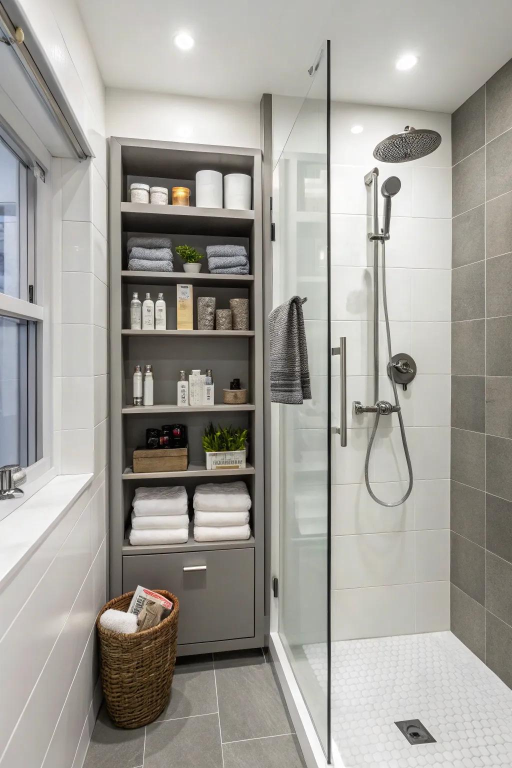 Assimilated stowage retains your shower essentials discreetly stowed.