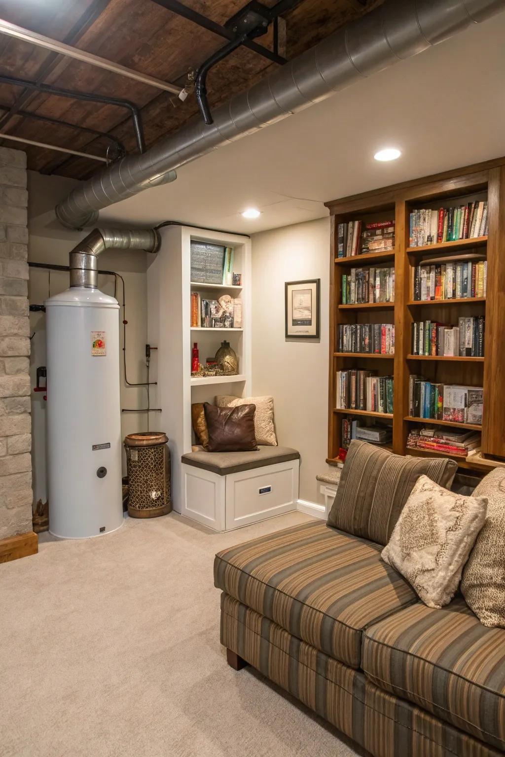 A cozy reading nook cleverly disguises a furnace and water heater.