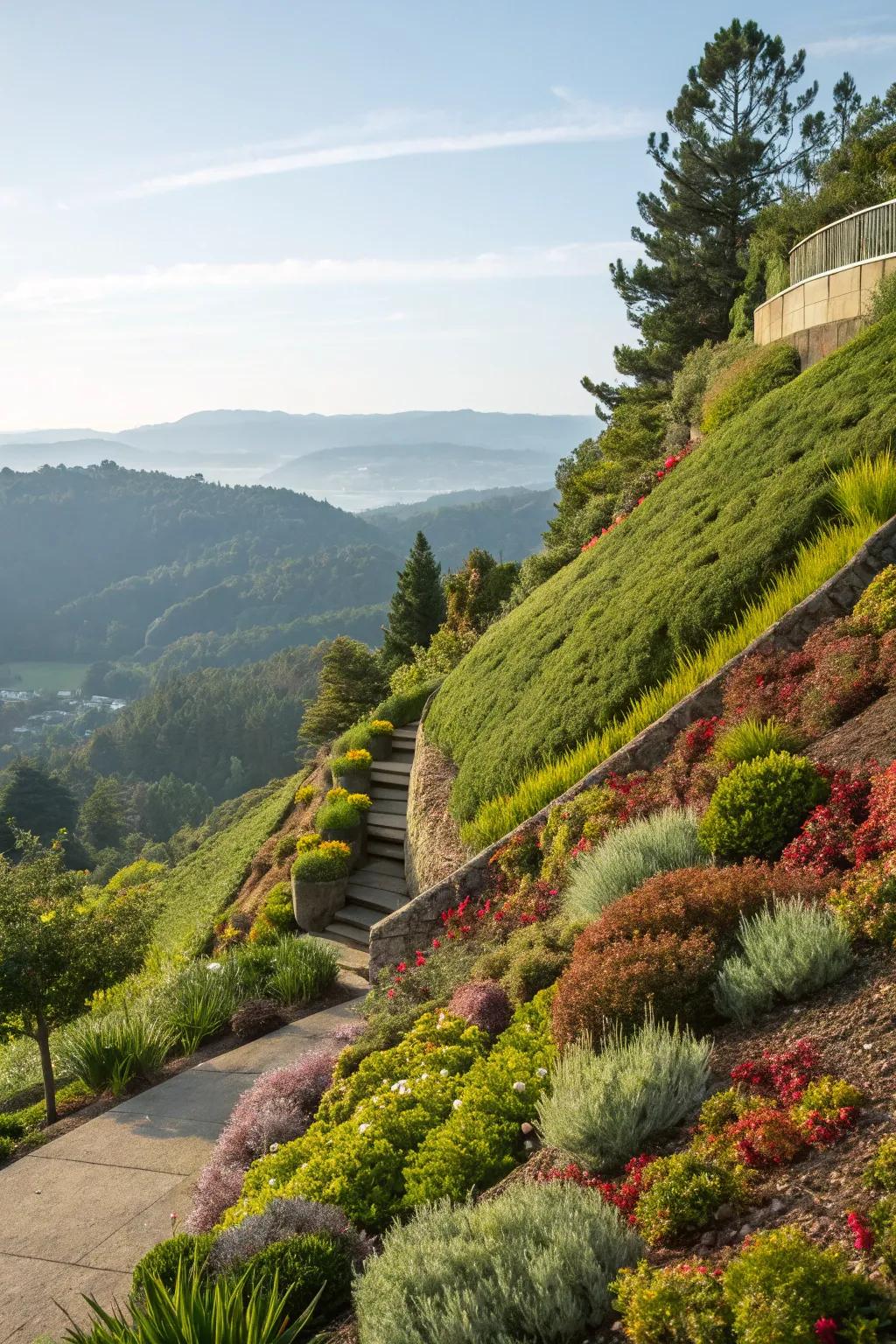 A hillside garden gains depth and texture from layered planting.