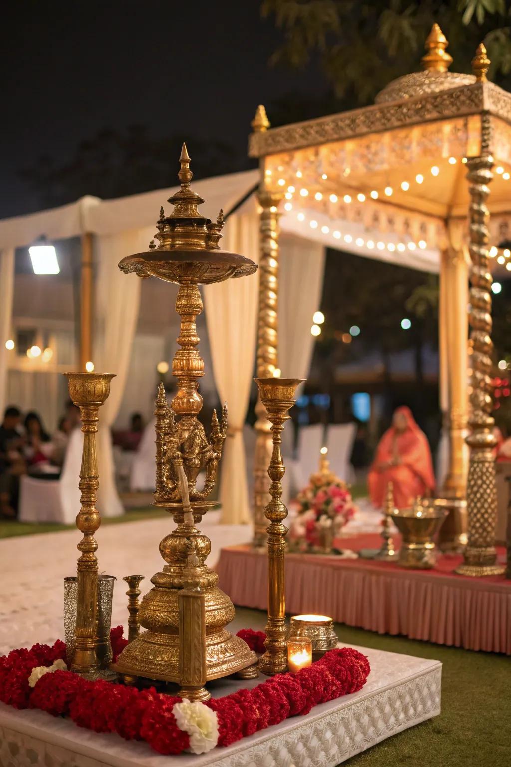 Traditional brass accents infusing cultural significance into the mandap.