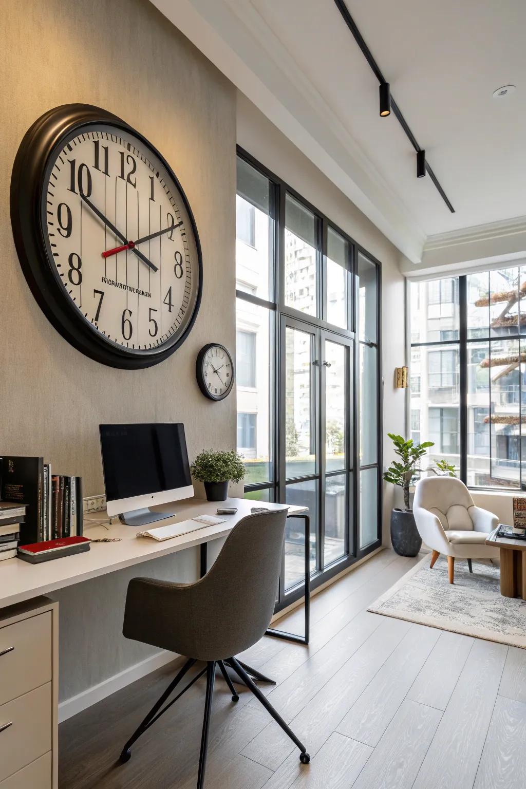 A modern time piece that complements the contemporary style of a home office.