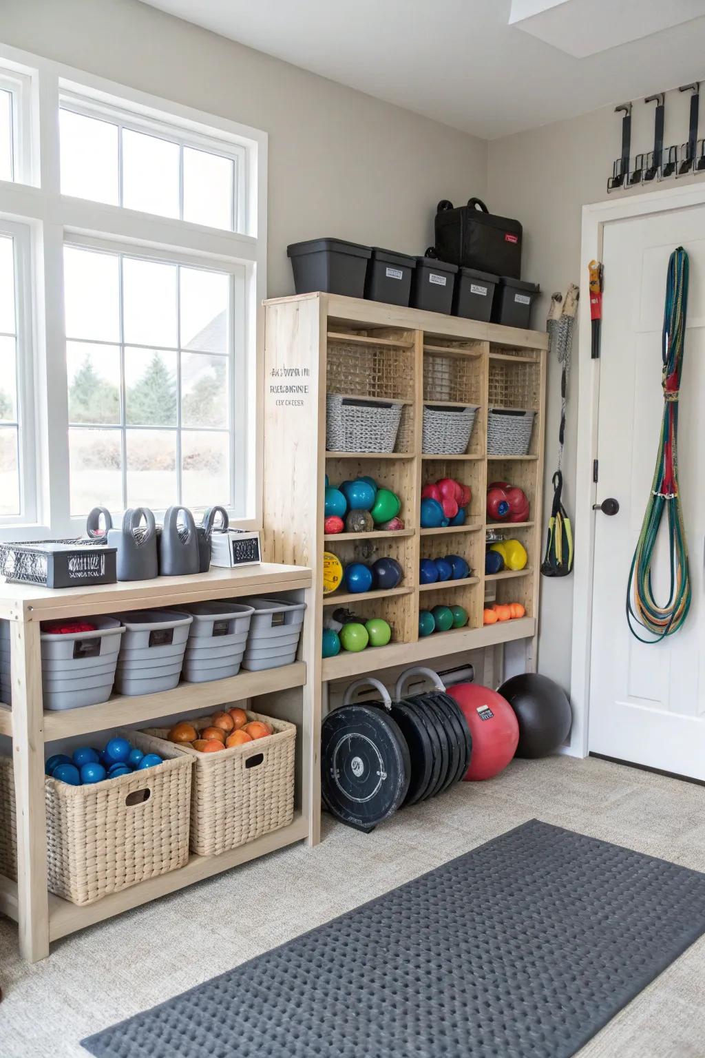 Baskets and containers present elegant solutions for arranging smaller gym accessories.