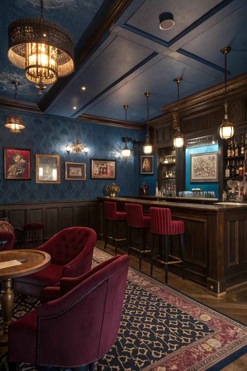 Deep, rich colors enhance a sophisticated speakeasy ambiance.