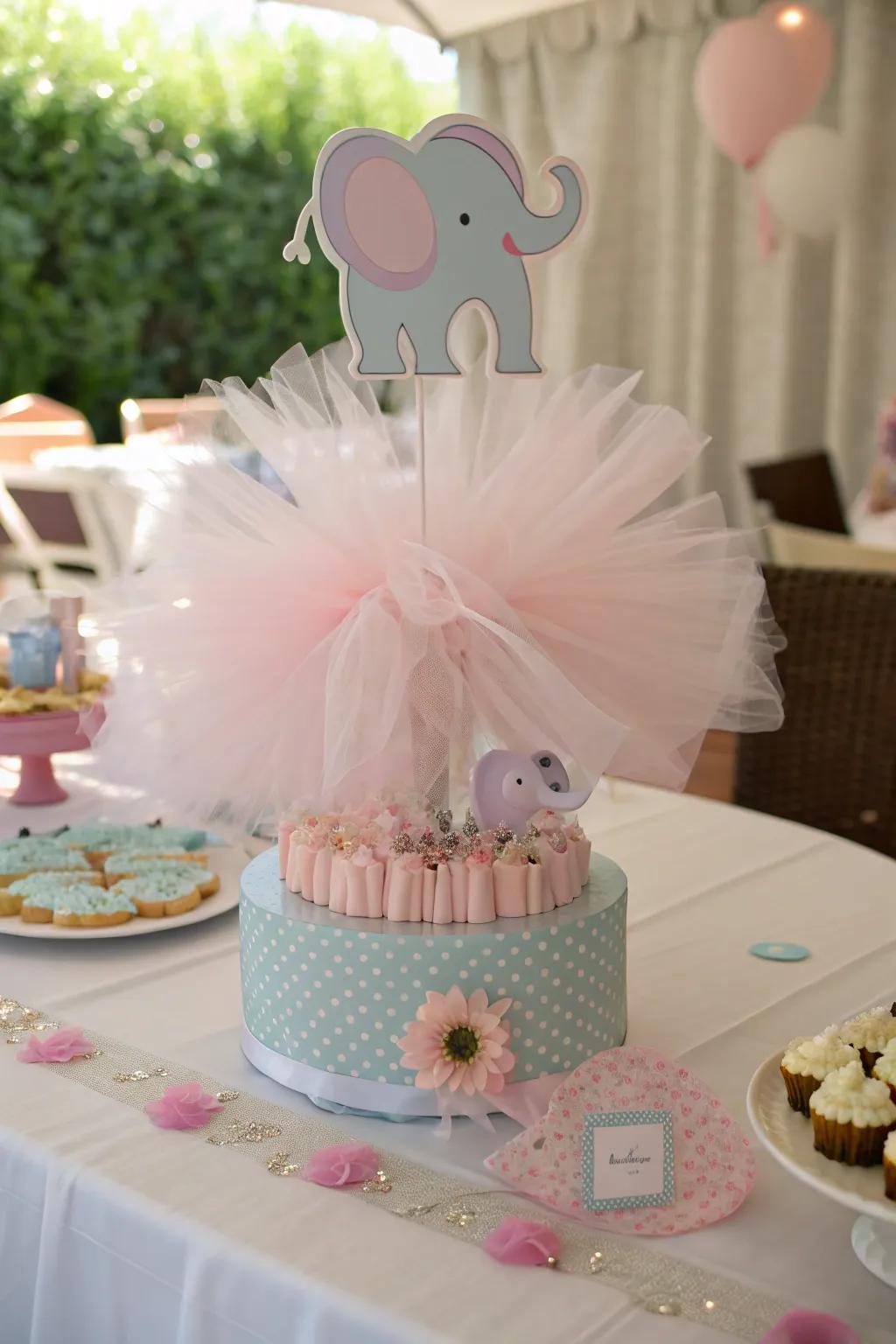 Elegant centerpiece featuring tulle and elephant motifs.