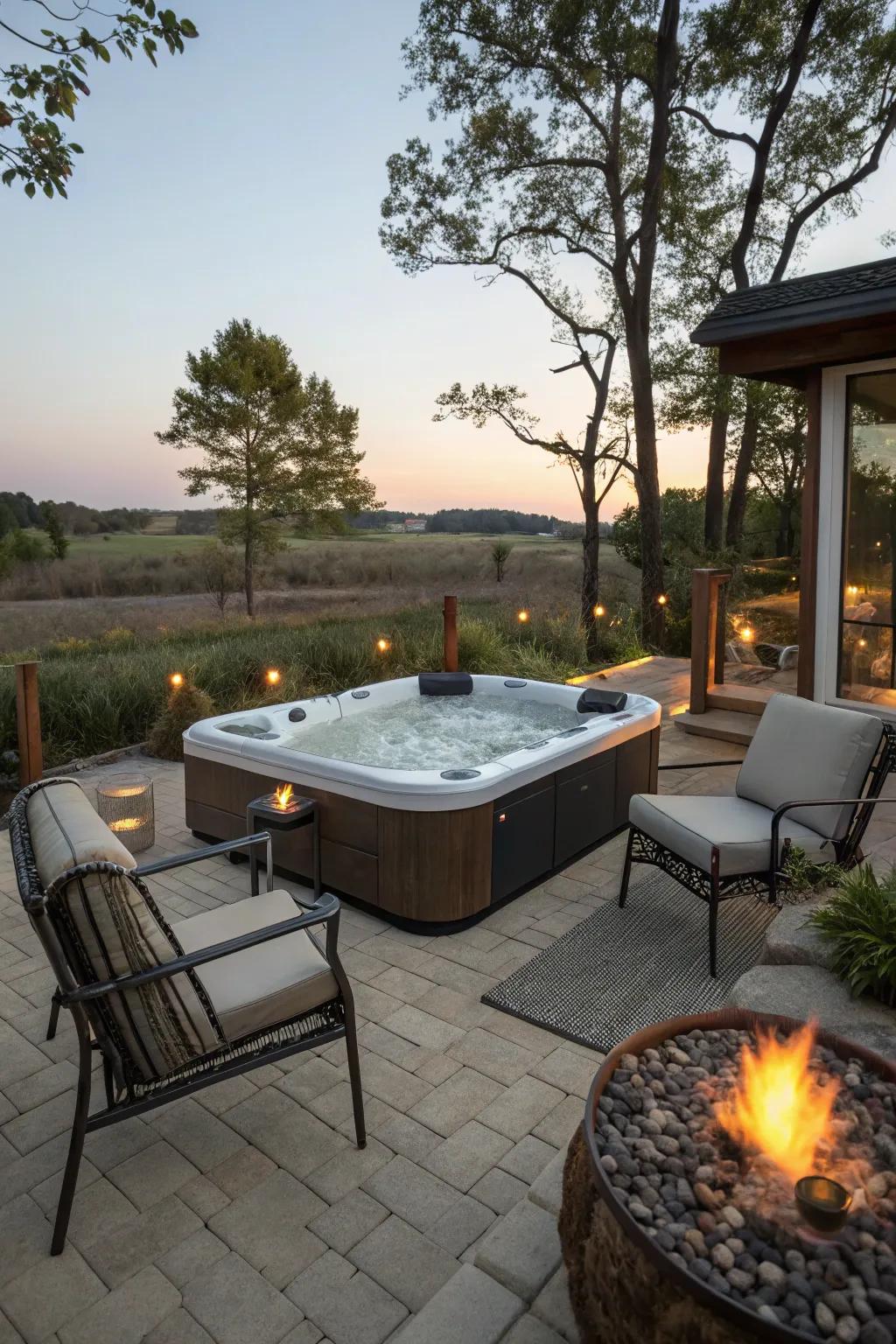 An outdoor leisure space featuring a spa and brazier for socializing.