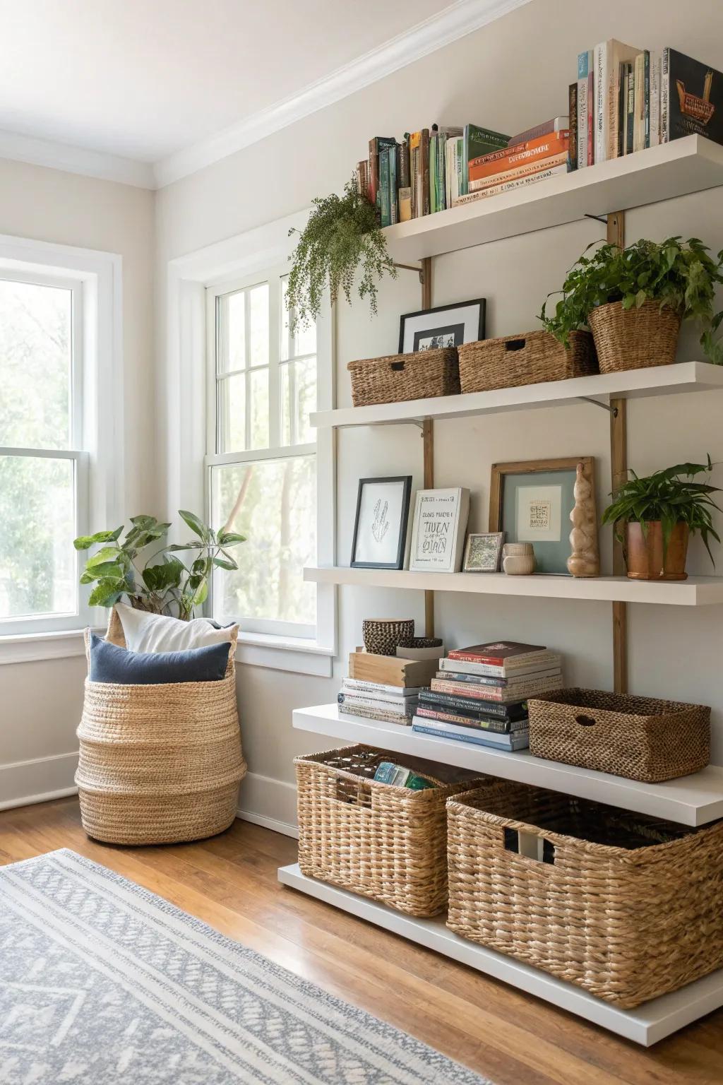 A room featuring stylish and functional storage solutions.