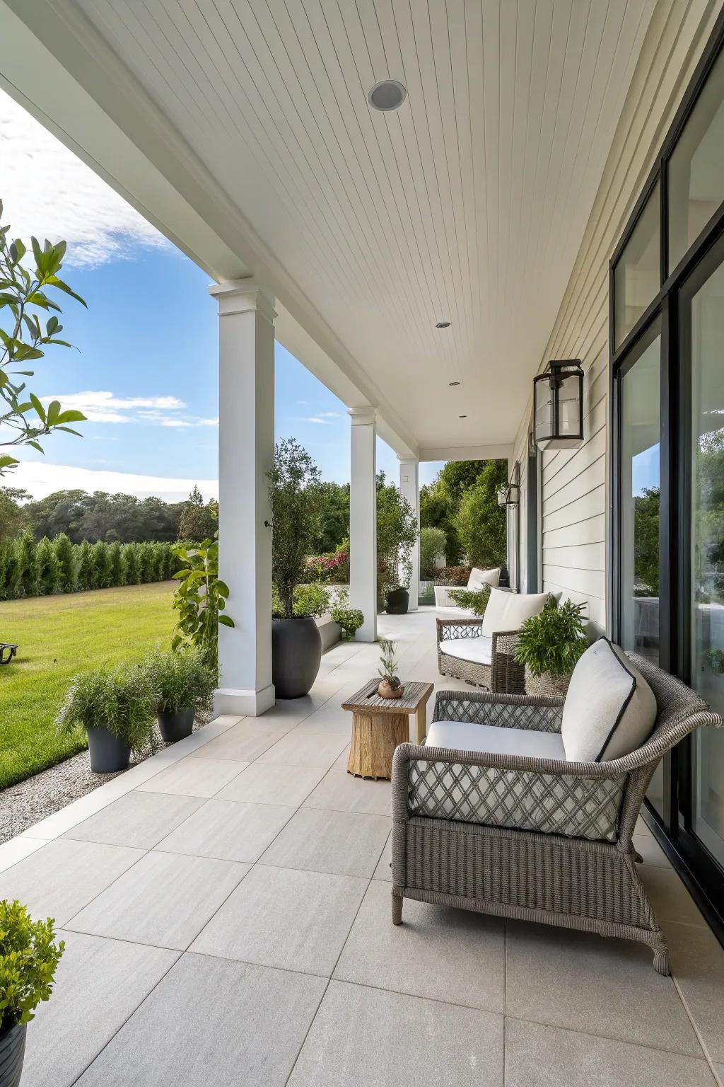 Understated ornamentation instills grace into this contemporary porch.