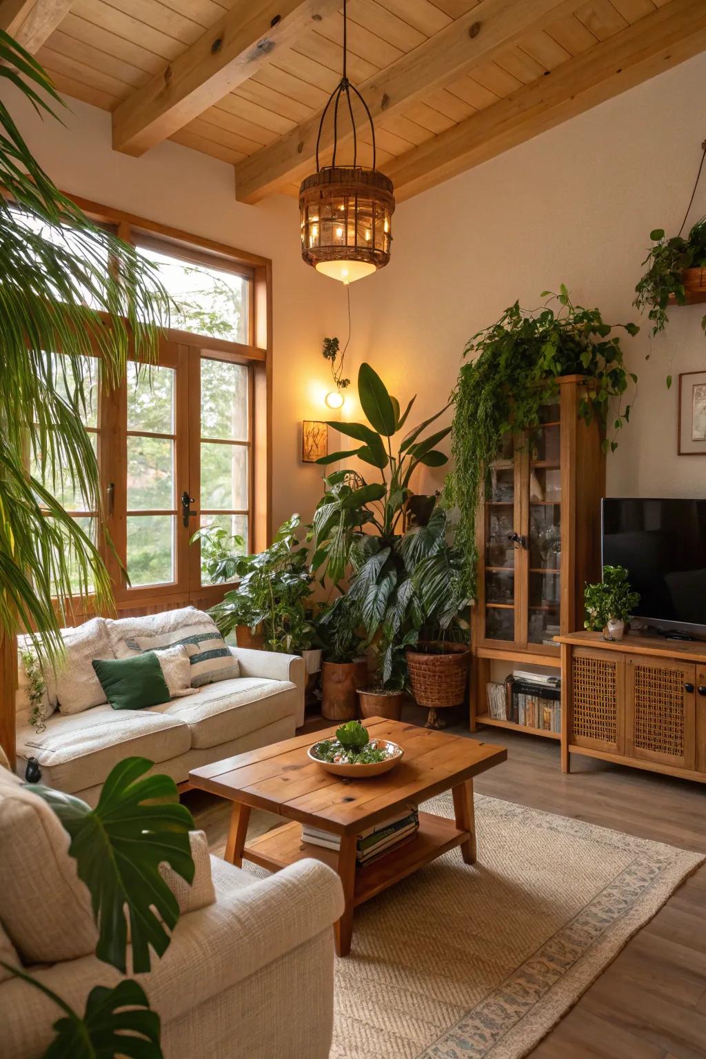 A serene living space imbued with natural components and verdant features.