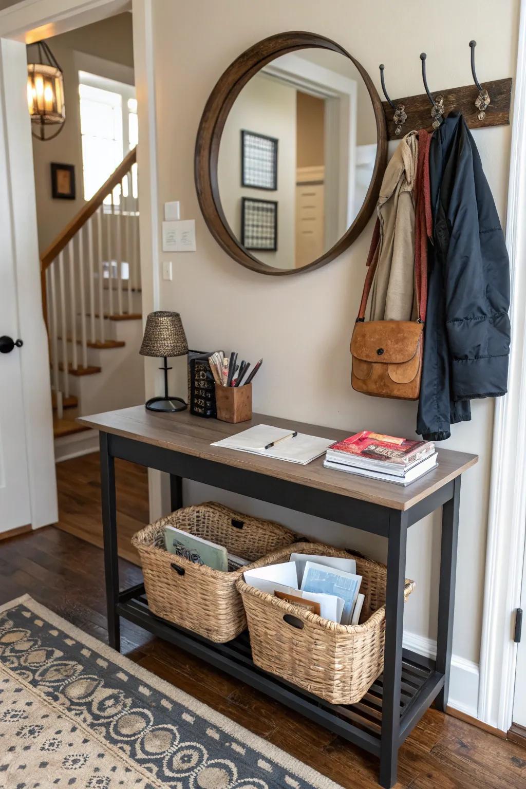 Vestibule baskets retain must-haves in one location.